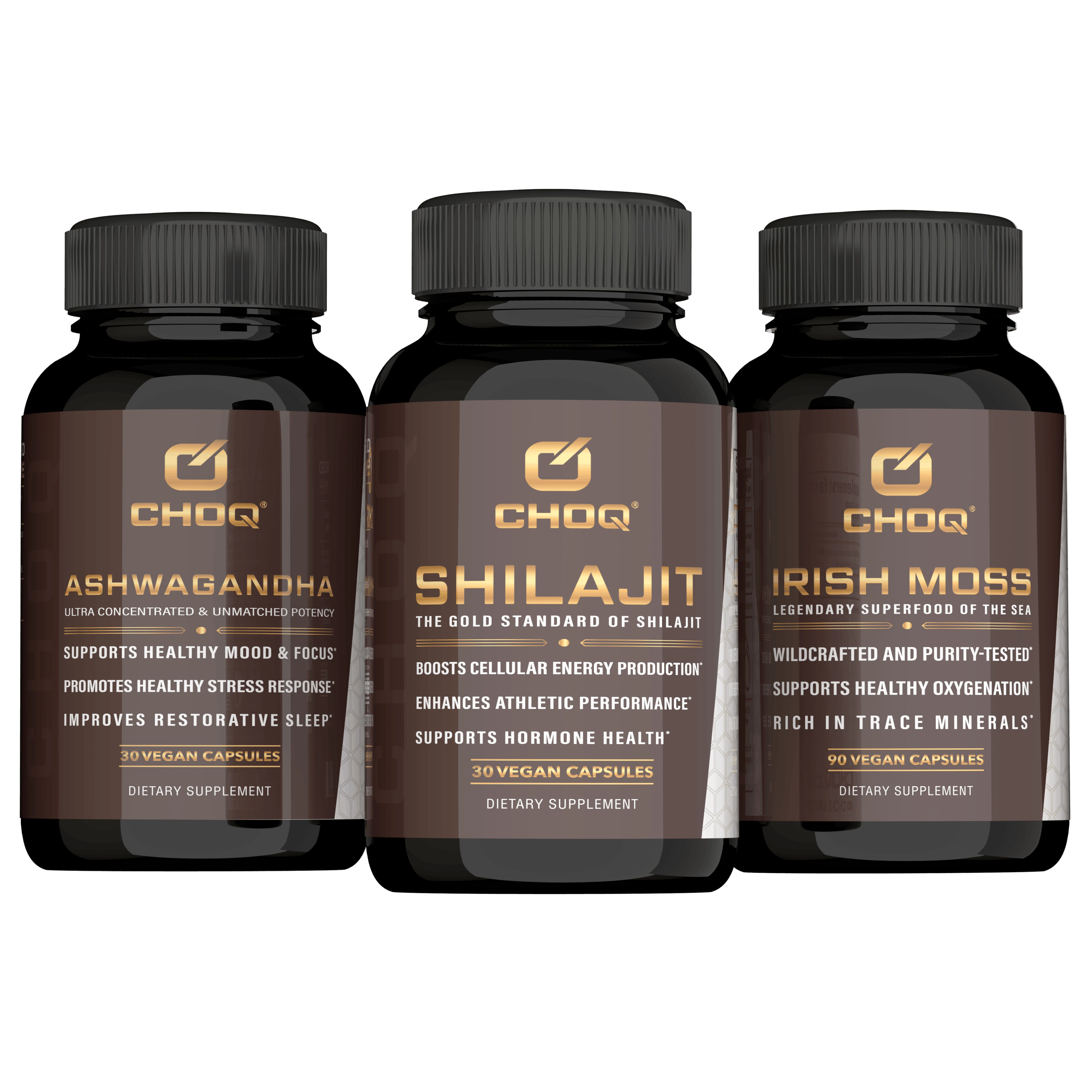 Three dark brown CHOQ supplement bottles: Ashwagandha, Shilajit, and Irish Moss.
