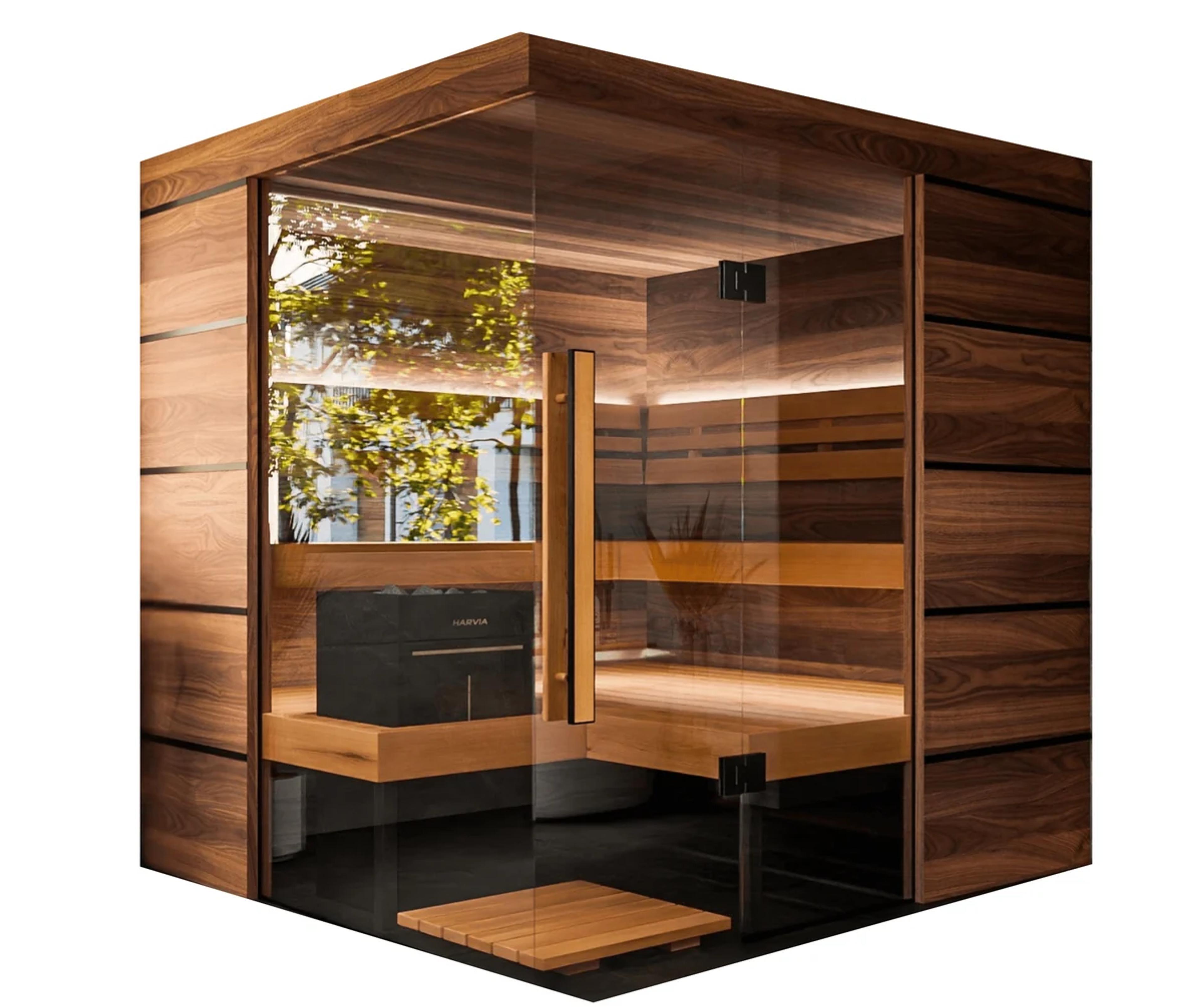 ThermaSol Astra - Glass and Wood Panel Corner Layout, 3-4 Person, Indoor Sauna