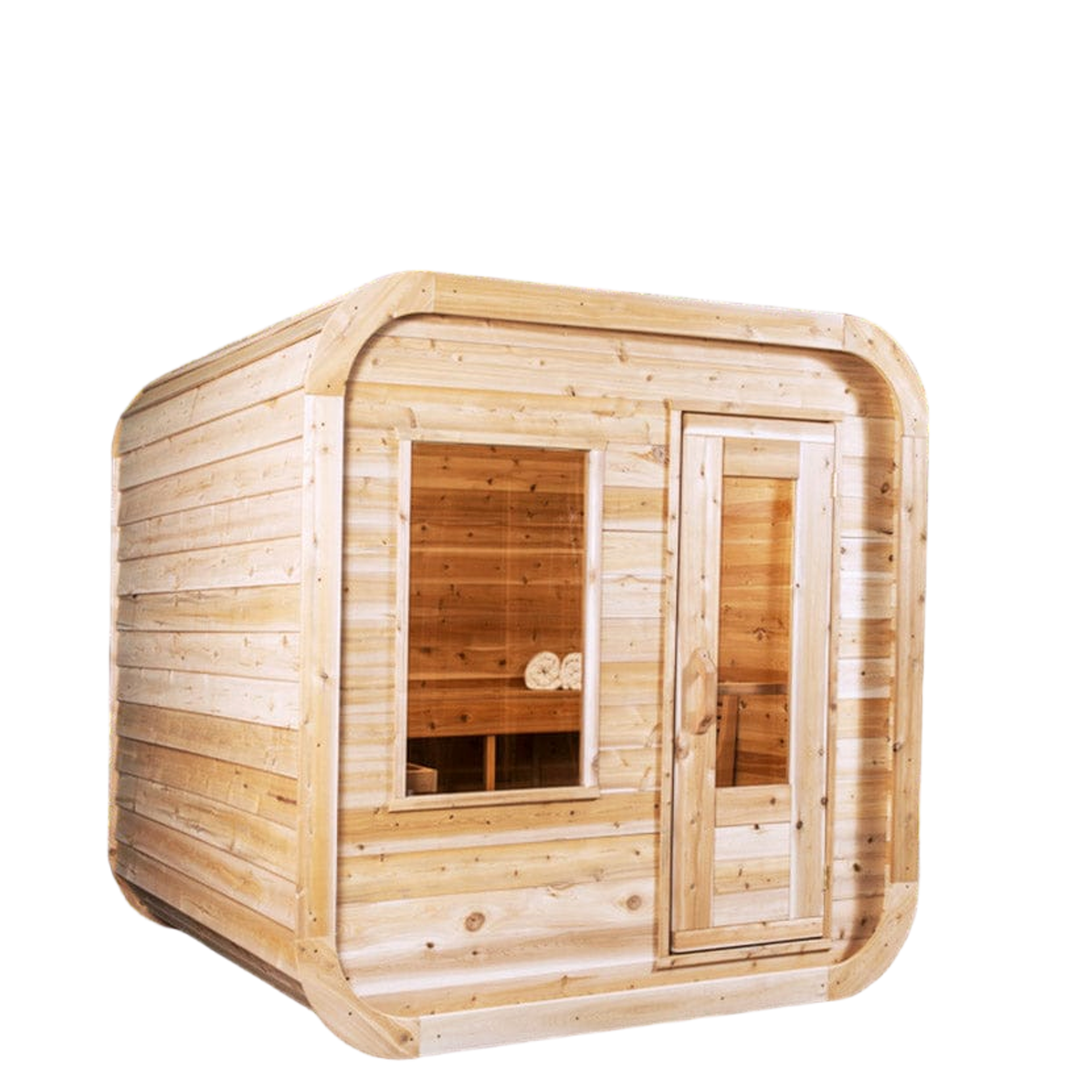 Outdoor cedar sauna with large glass window