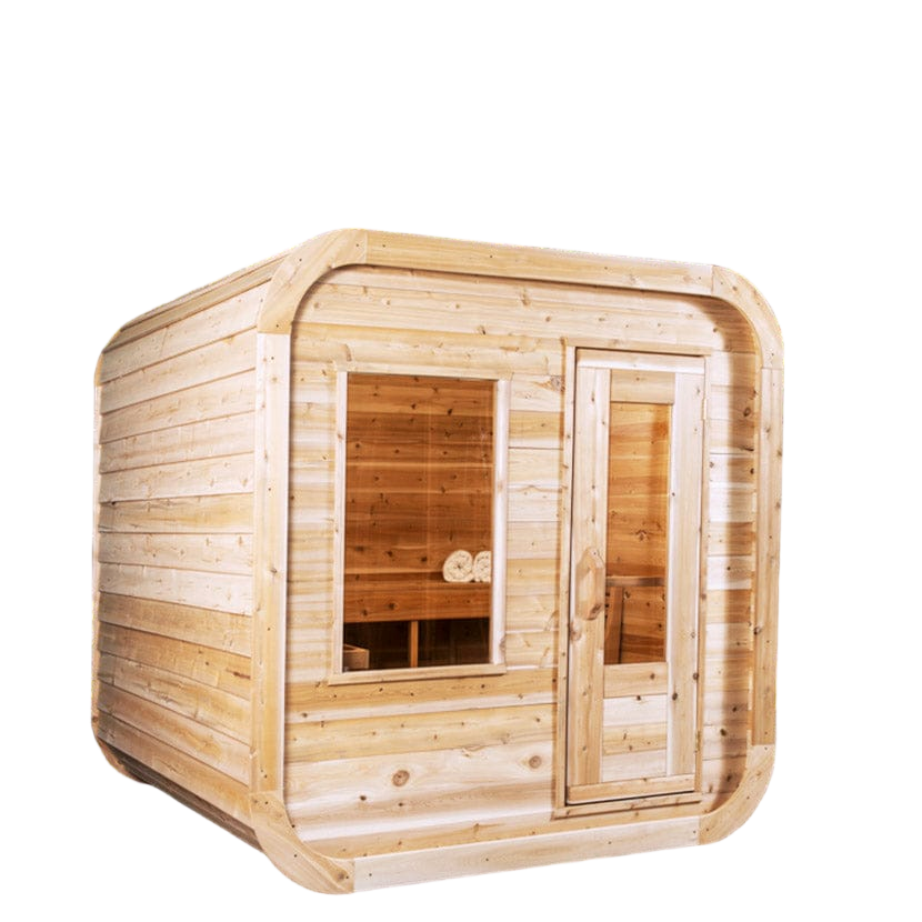 Outdoor cedar sauna with large glass window