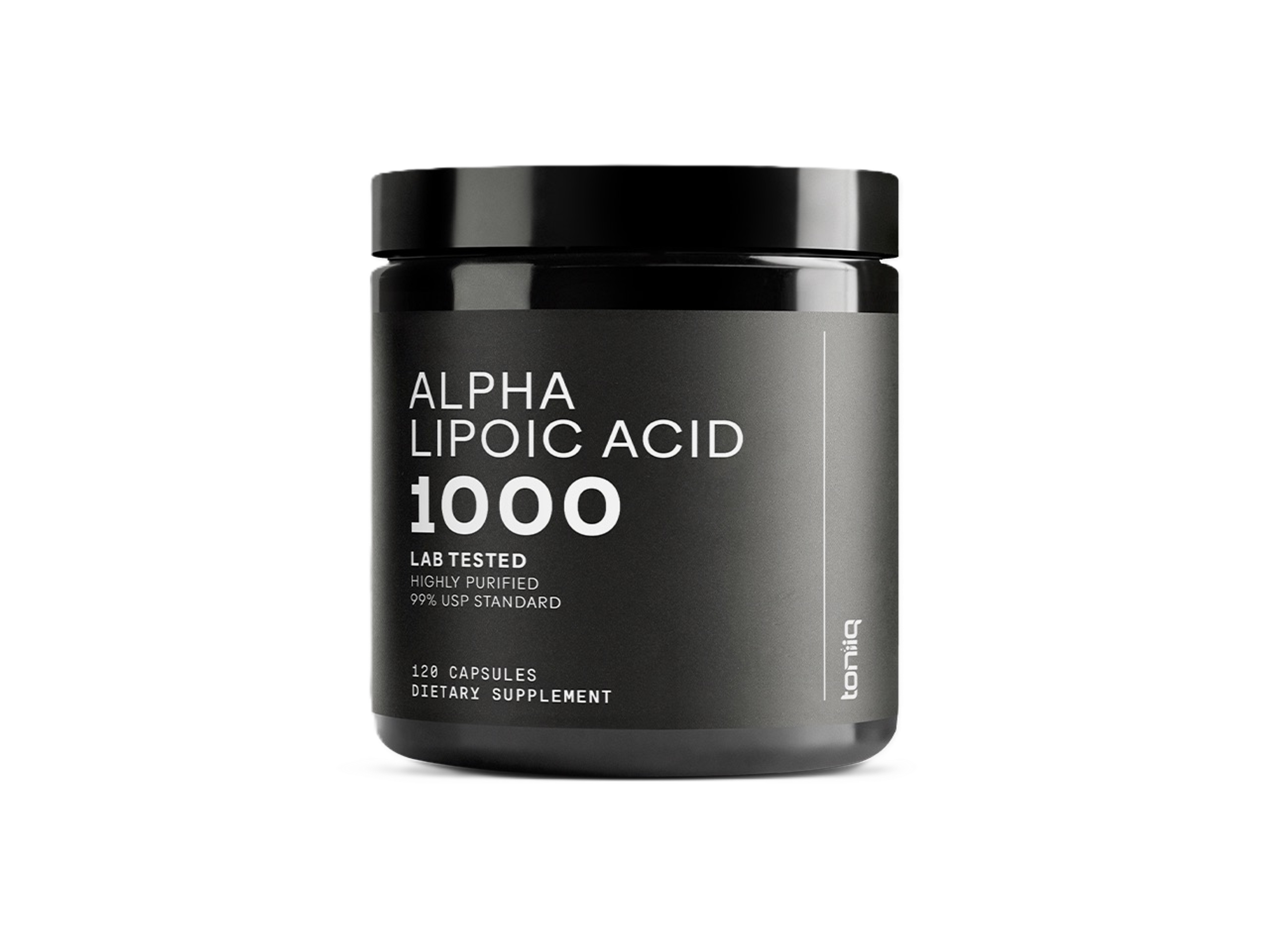 Black jar of Toniq Alpha Lipoic Acid 1000 dietary supplement.