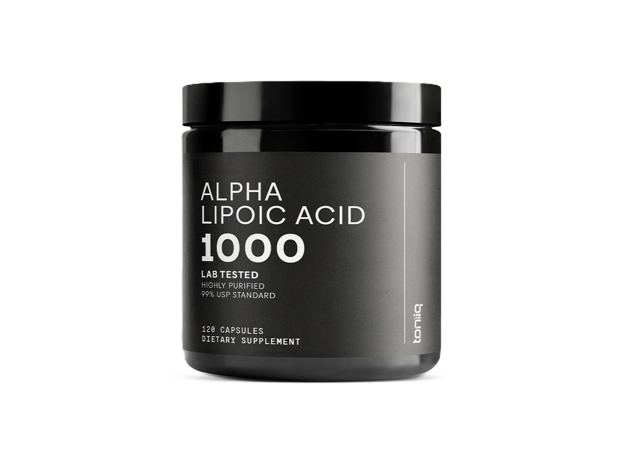 Black jar of Toniq Alpha Lipoic Acid 1000 dietary supplement.