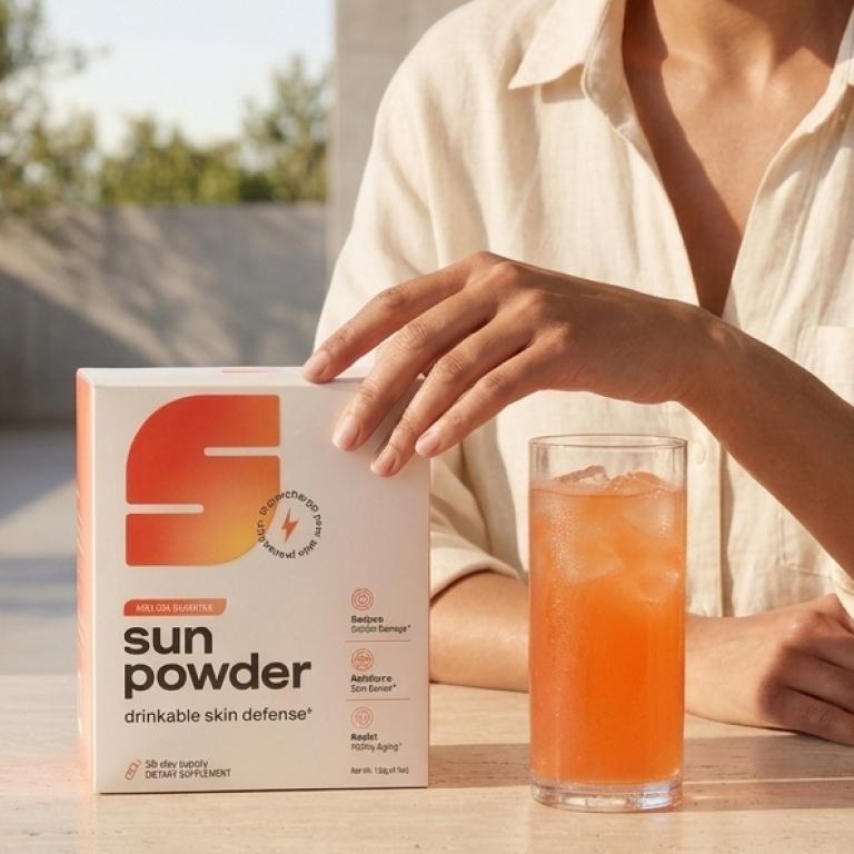 A box of "Sun Powder drinkable skin defense" next to a glass of orange iced drink, with a person's hands.