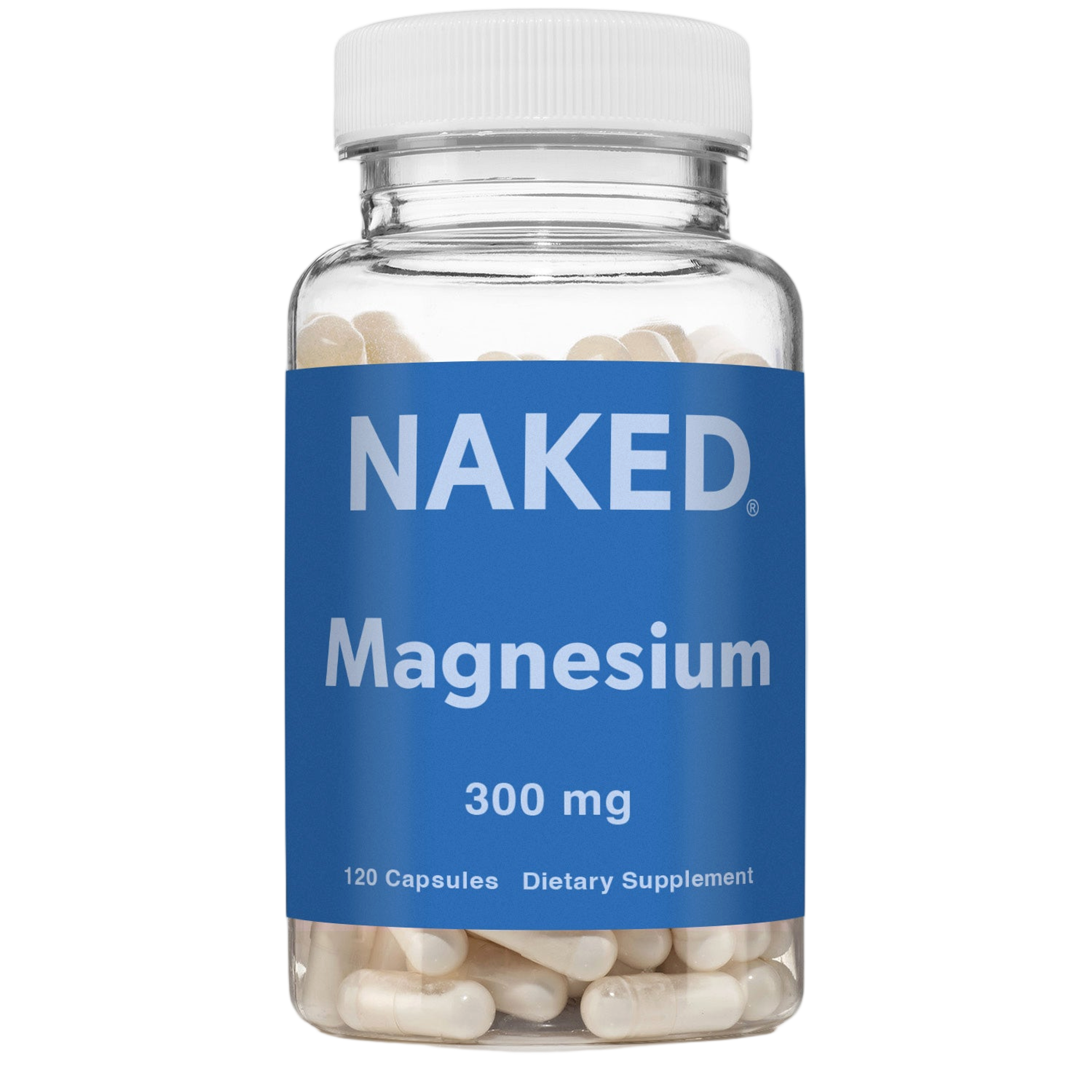 Bottle of Naked Magnesium capsules, front label