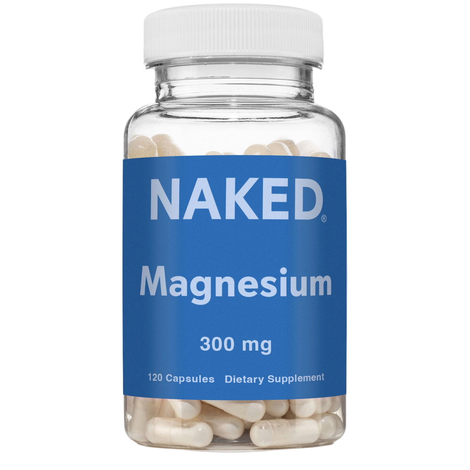Bottle of Naked Magnesium capsules, front label
