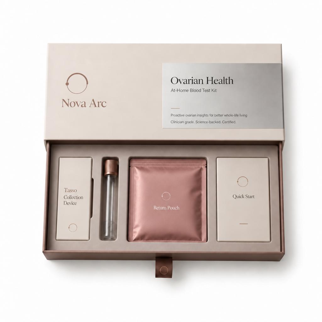An open Nova Arc Ovarian Health At-Home Blood Test Kit showing a blood collection device, vial, return pouch, and quick start guide inside.