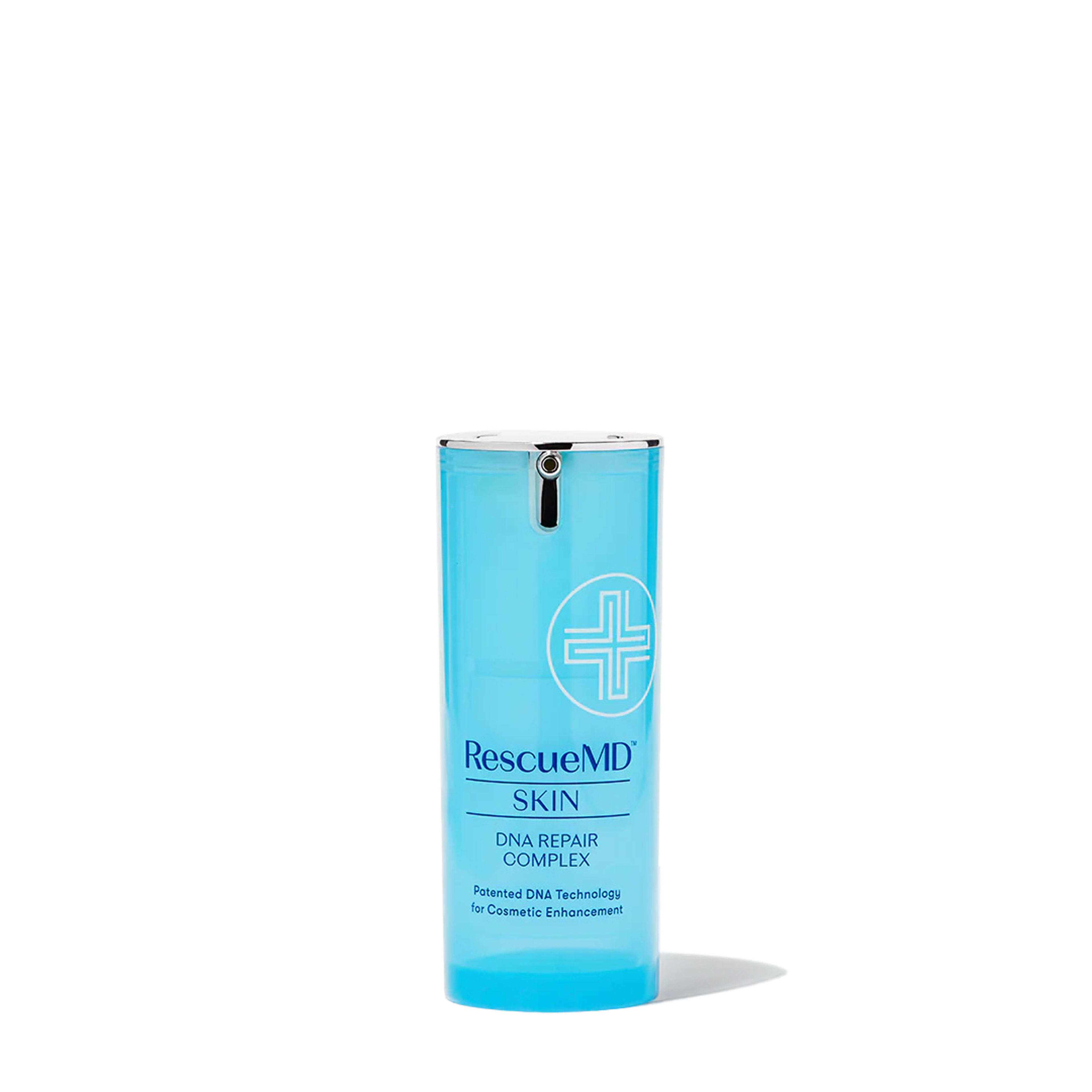 Light blue cylindrical bottle of RescueMD SKIN DNA REPAIR COMPLEX with a silver pump and white plus sign logo.