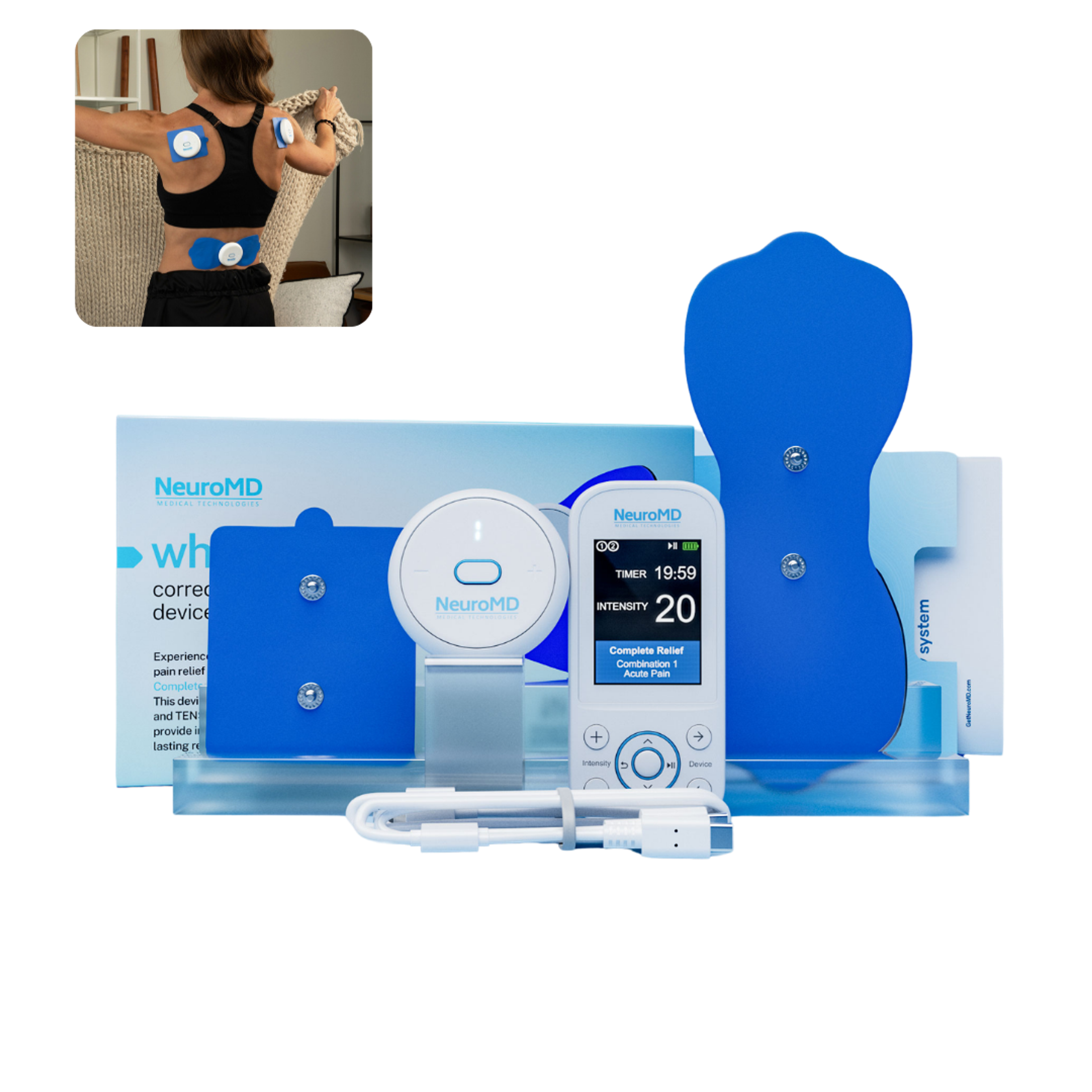 NeuroMD pain relief system with a handheld device, wireless pod, blue electrode pads, and an inset of a person wearing the pads on their back.