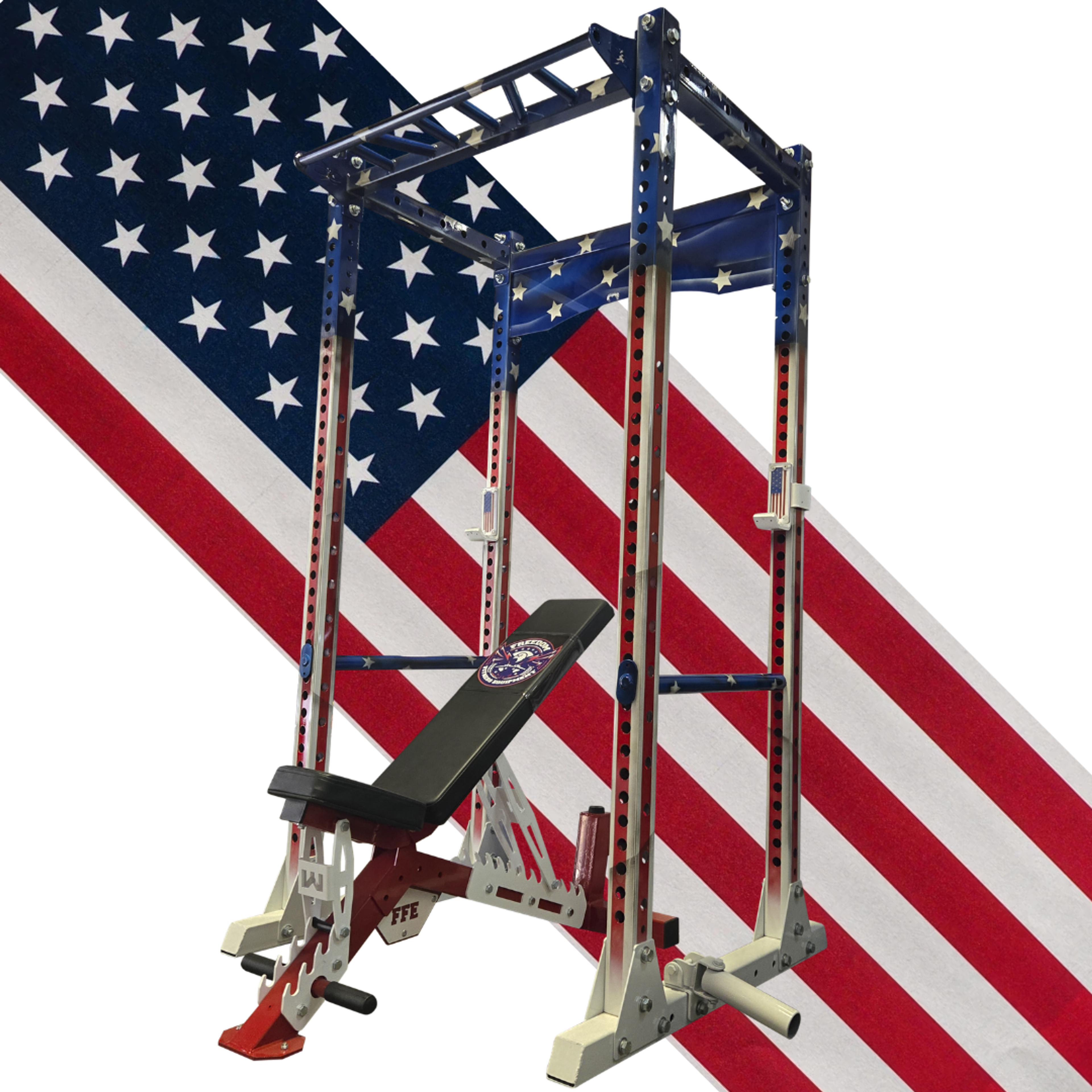 Patriotic power rack and adjustable weight bench set against an American flag.