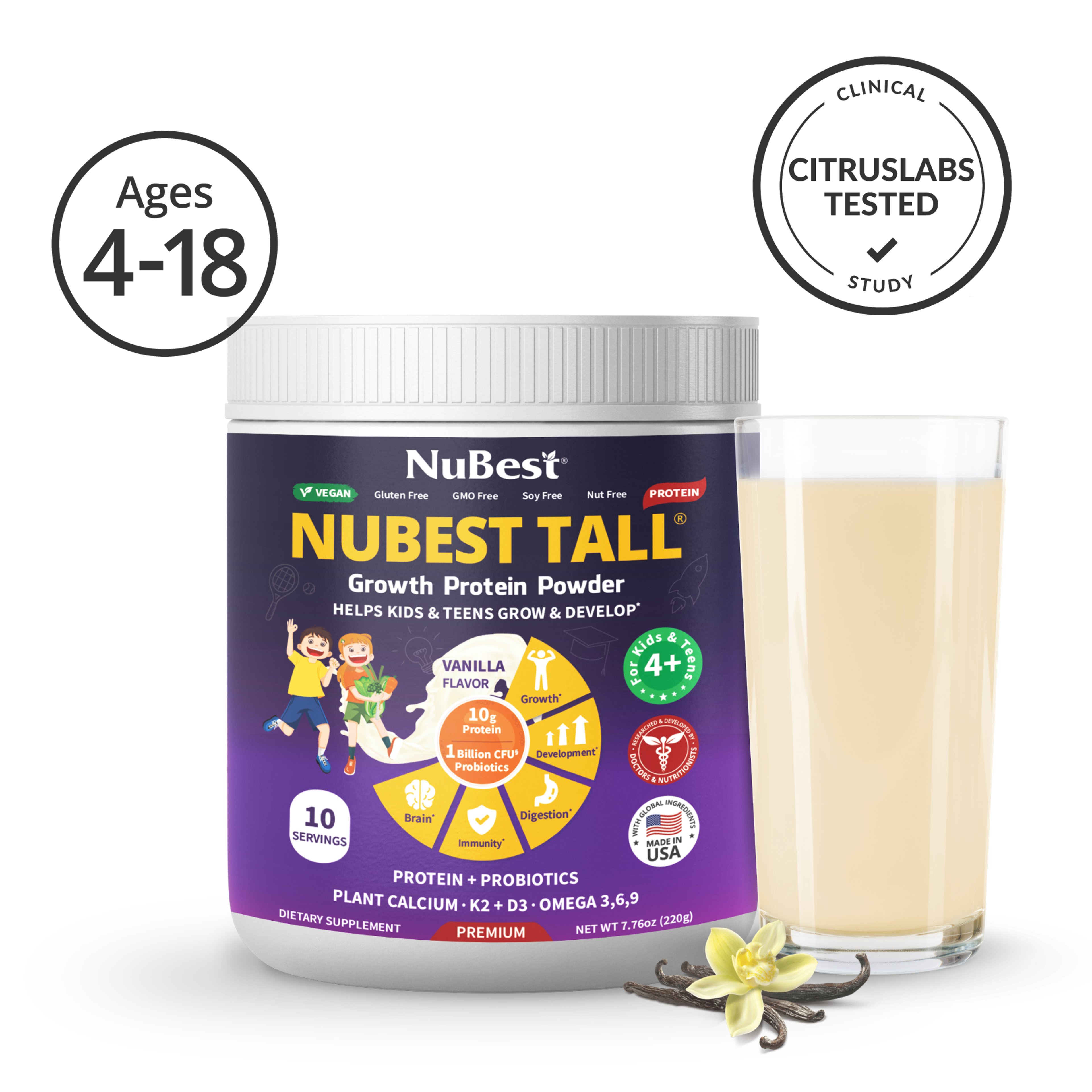 NuBest Tall Protein Vanilla Shake for Kids Ages 4+, 10 Vegan Servings