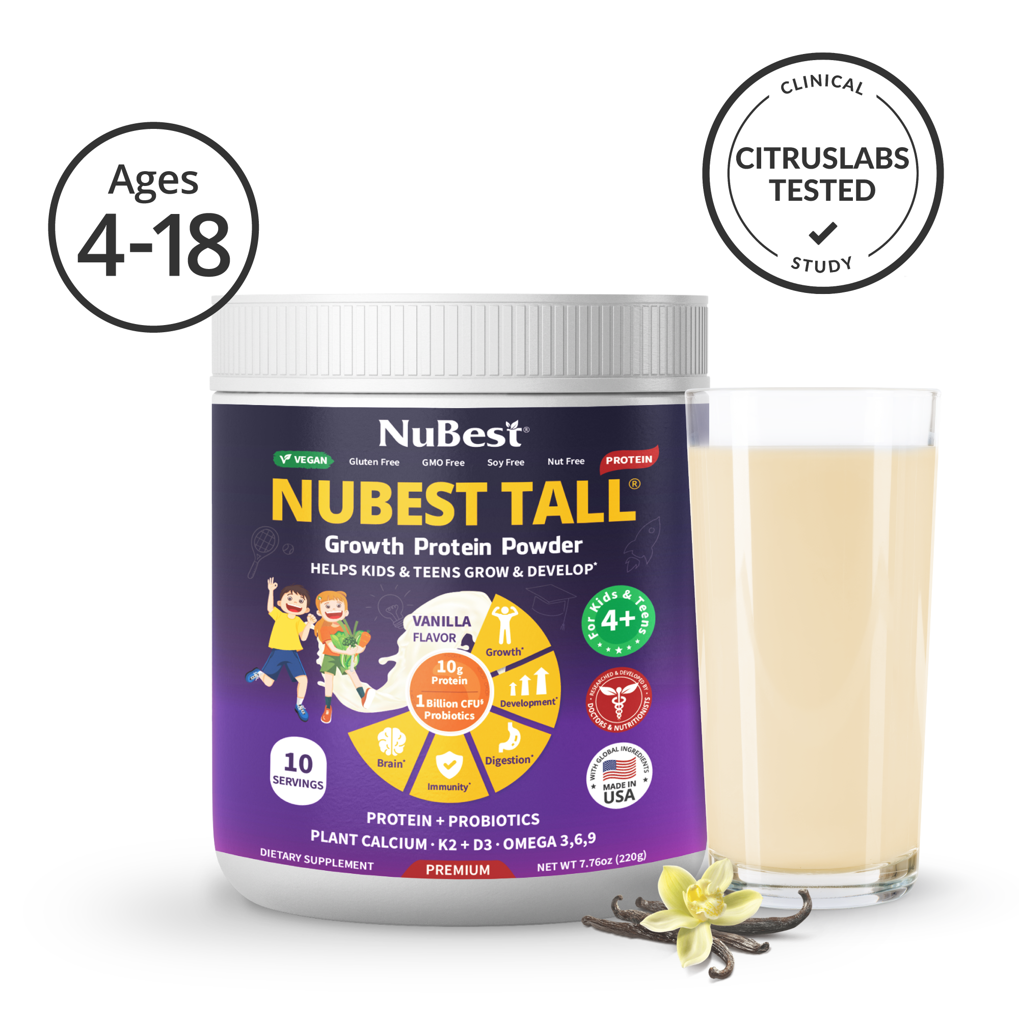 NuBest Tall Protein Vanilla Shake for Kids Ages 4+, 10 Vegan Servings