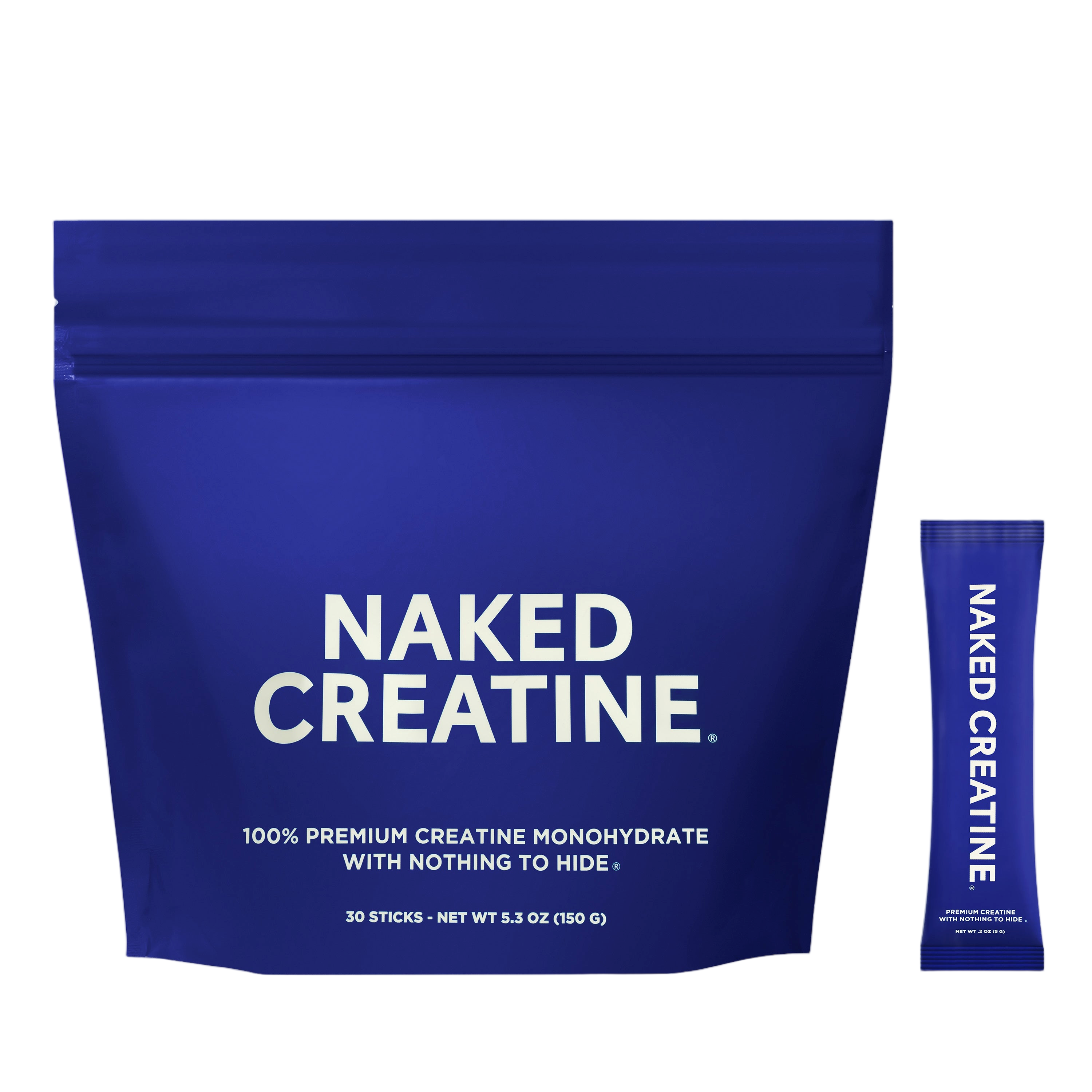 Single creatine monohydrate stick pack on white background