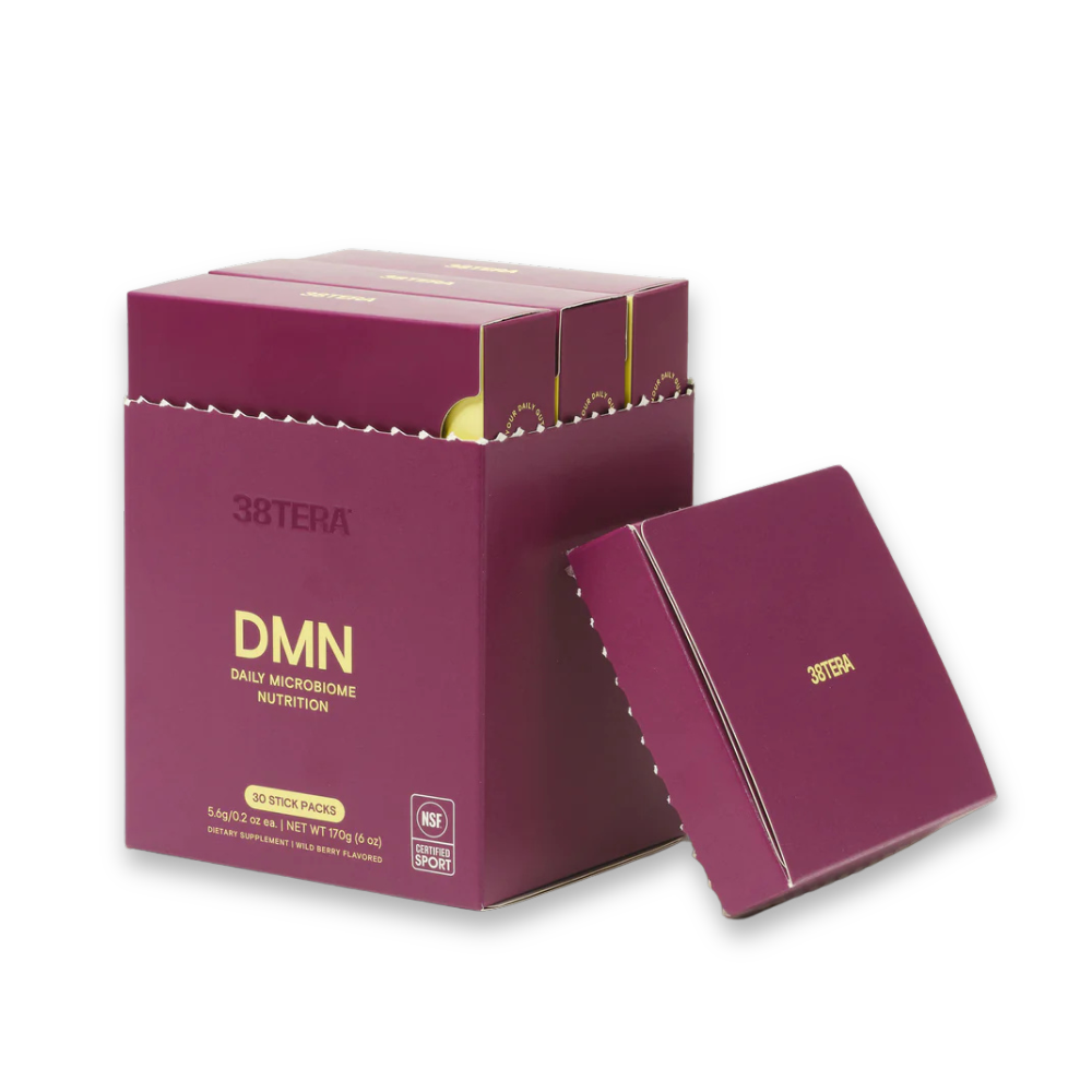 Two maroon boxes of 38TERA DMN Daily Microbiome Nutrition stick packs, one open and one closed.