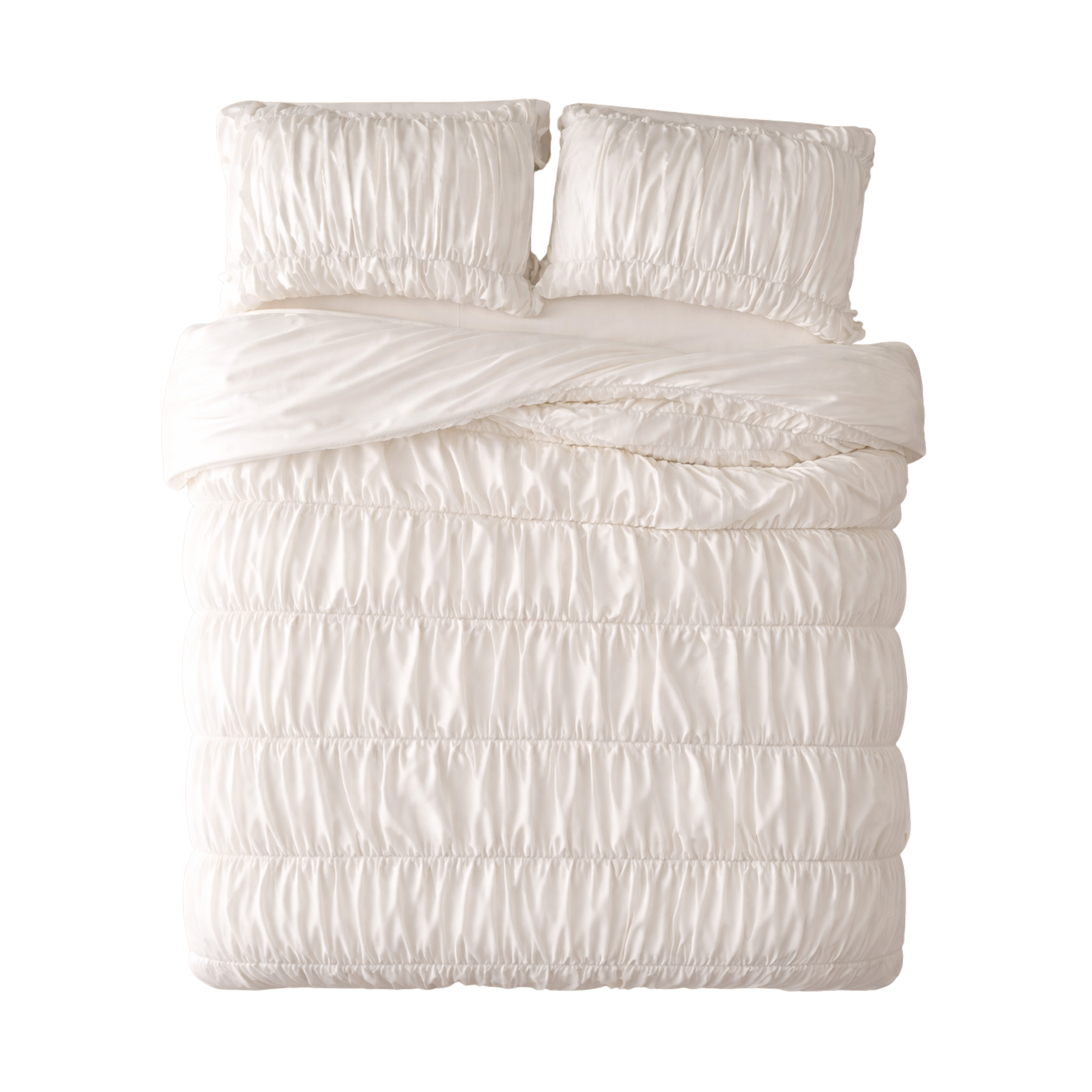 White ruched bedding set with a comforter and two pillows.