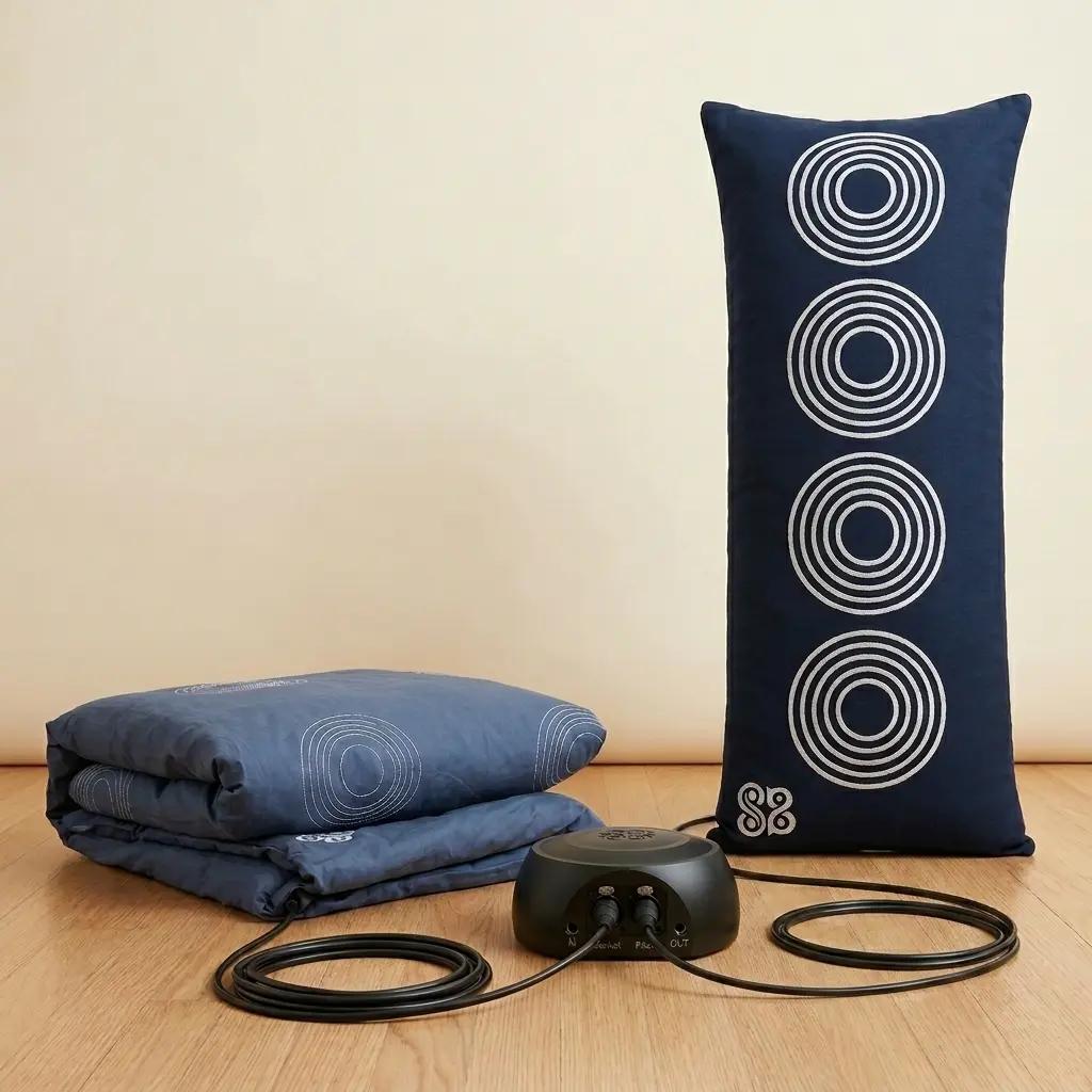 A folded blue mattress pad and an upright dark blue body pillow with white concentric circles are connected to a black control unit by cables on a wooden floor.
