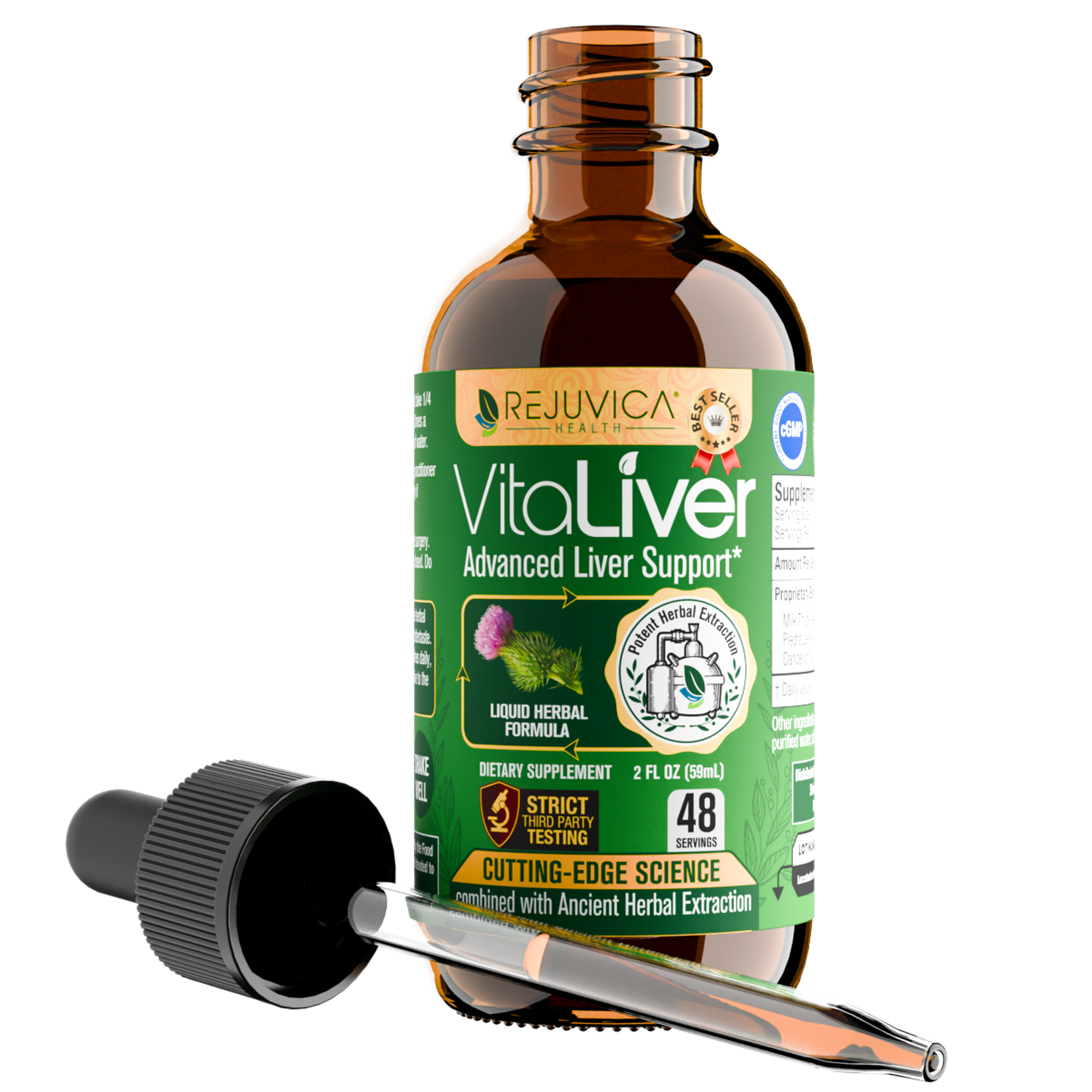 Amber bottle of Rejuvica Health VitaLiver Advanced Liver Support liquid herbal formula, with a dropper.
