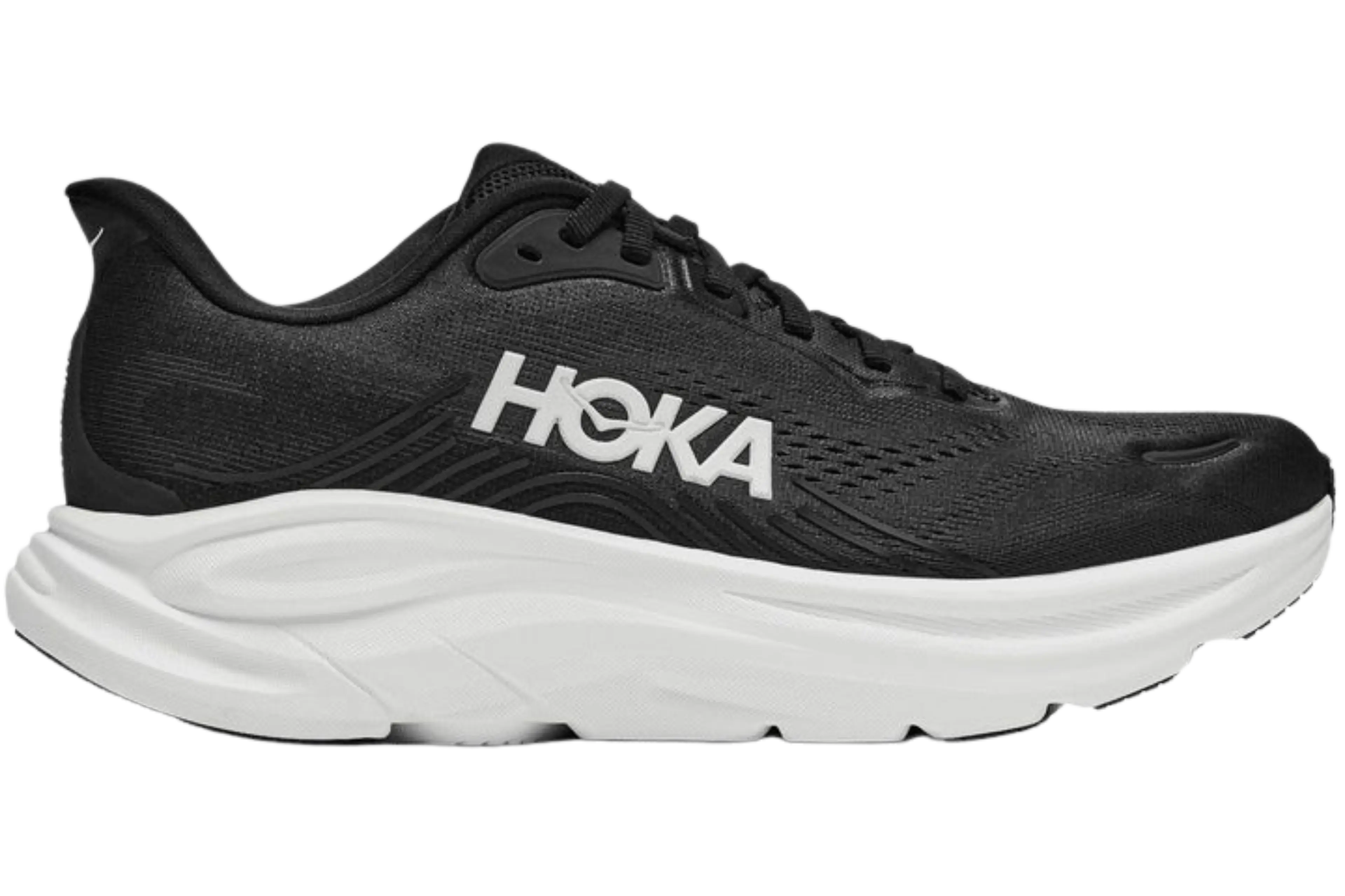 Black HOKA running shoe with white sole, viewed from the side.
