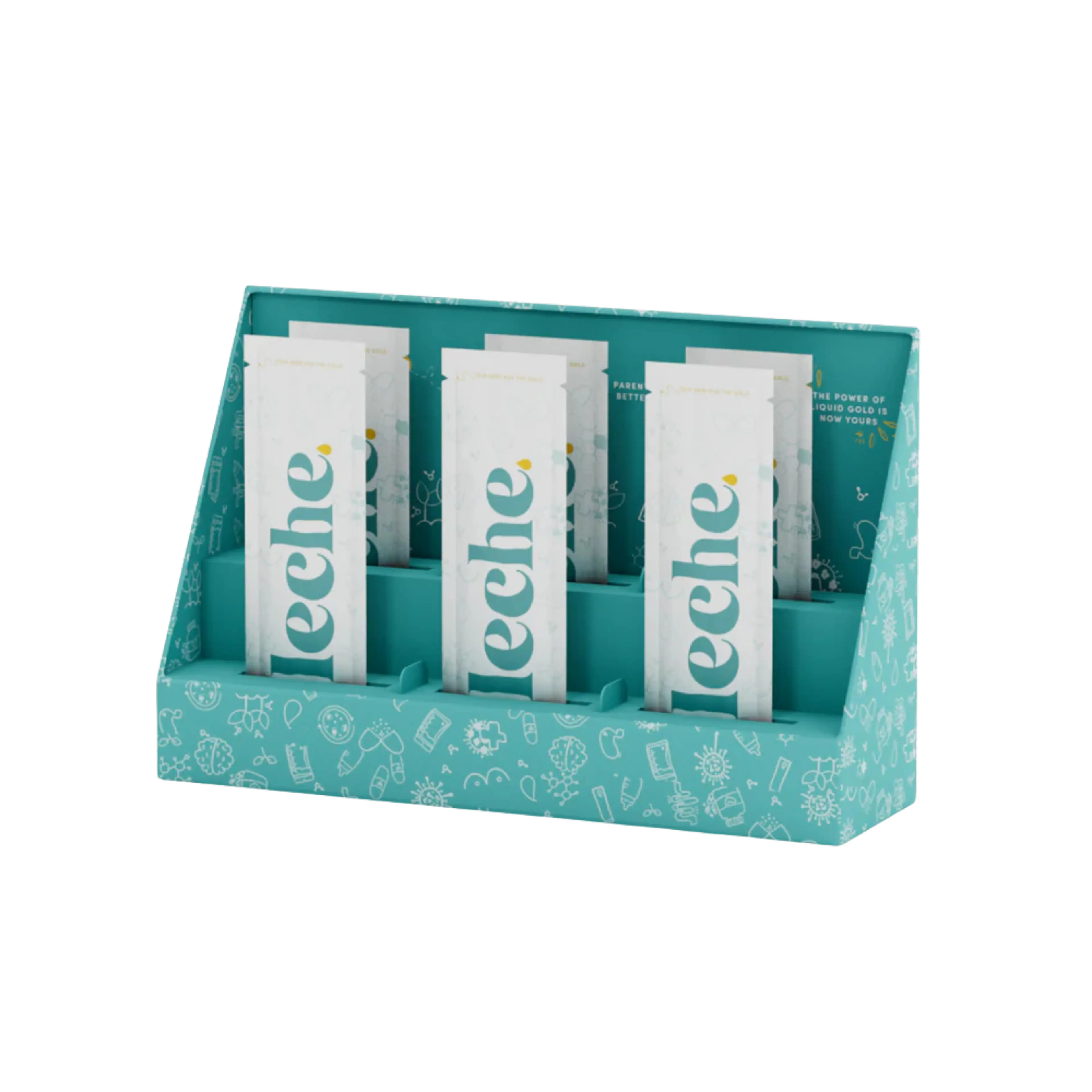 A teal counter display box with white doodles holds multiple white "leche" branded sachets.