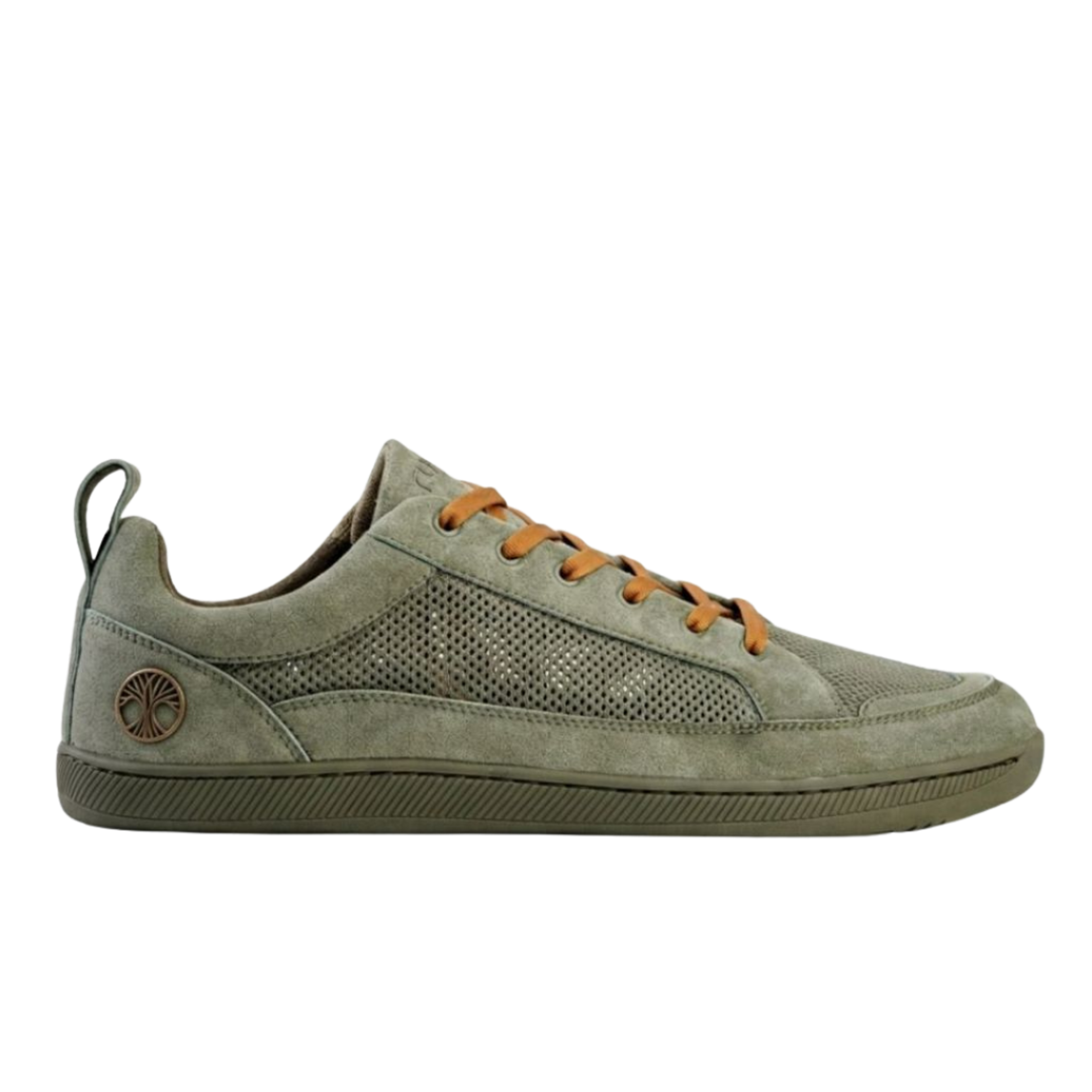 Olive green sneaker with brown laces, mesh details, and a tree emblem.