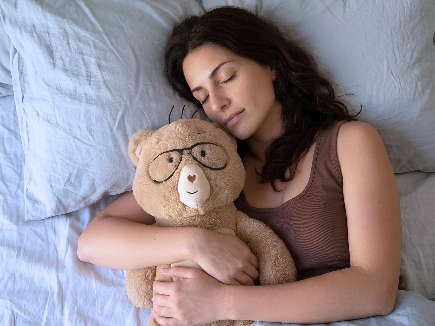 A woman sleeping soundly in bed, hugging a teddy bear with glasses.