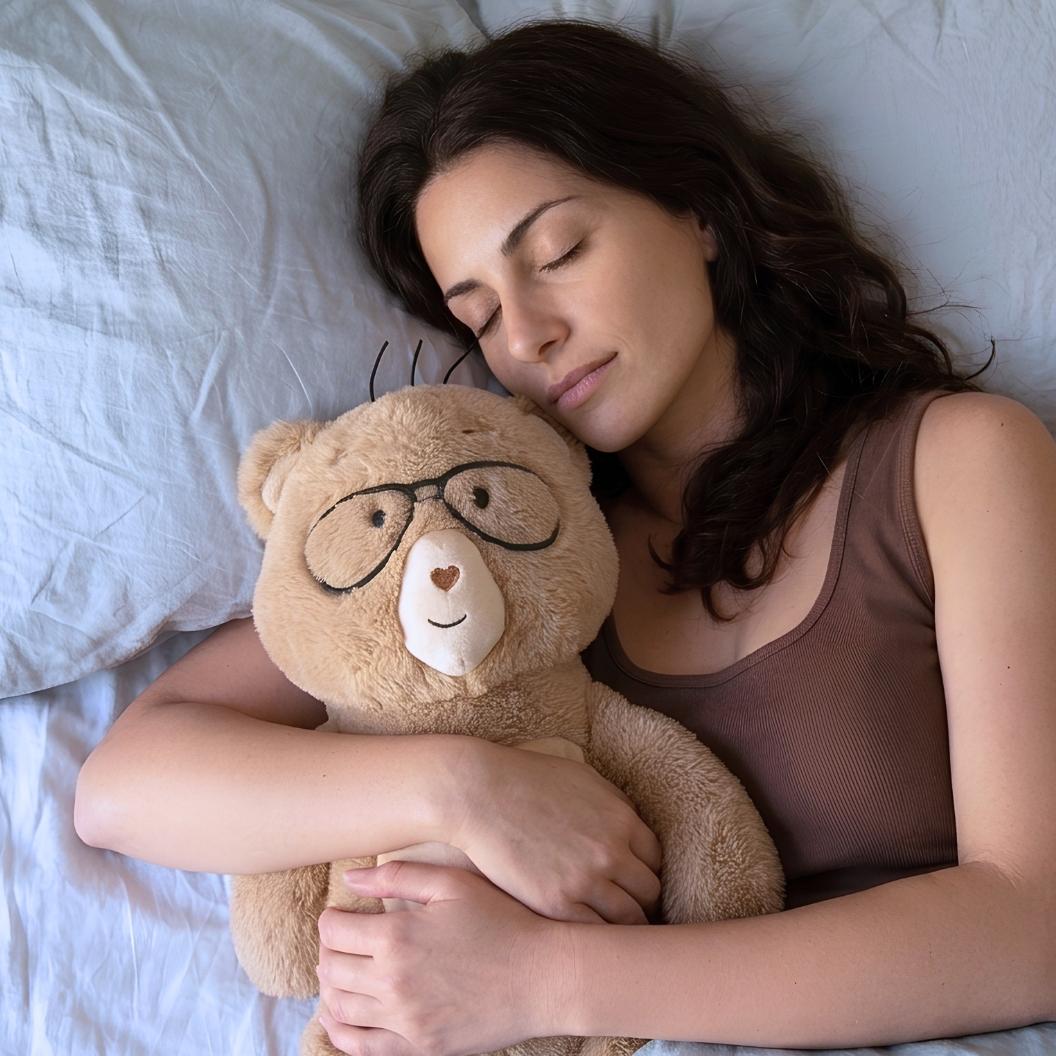 A woman sleeping soundly in bed, hugging a teddy bear with glasses.