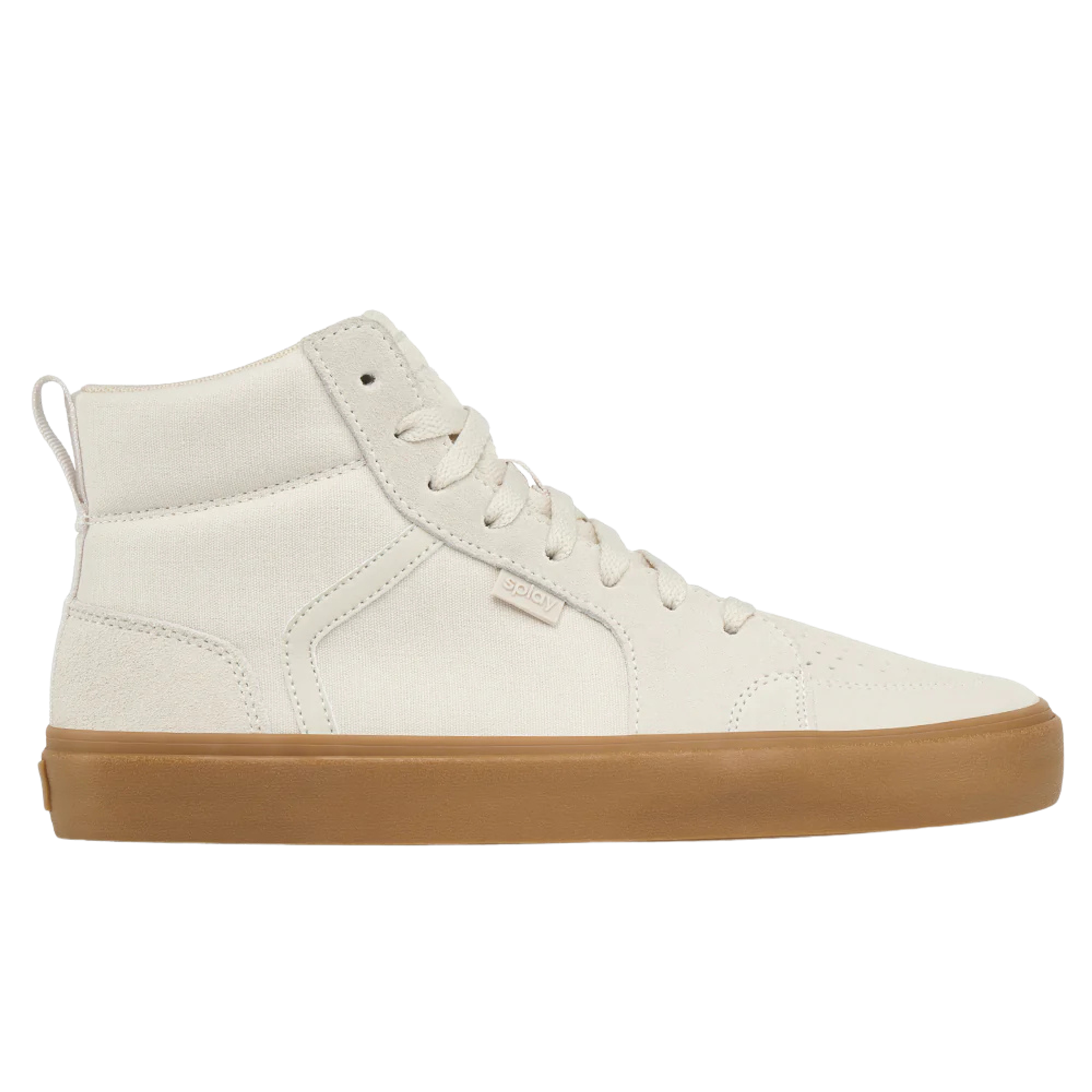 A pair of cream low-top sneakers with brown gum soles.
