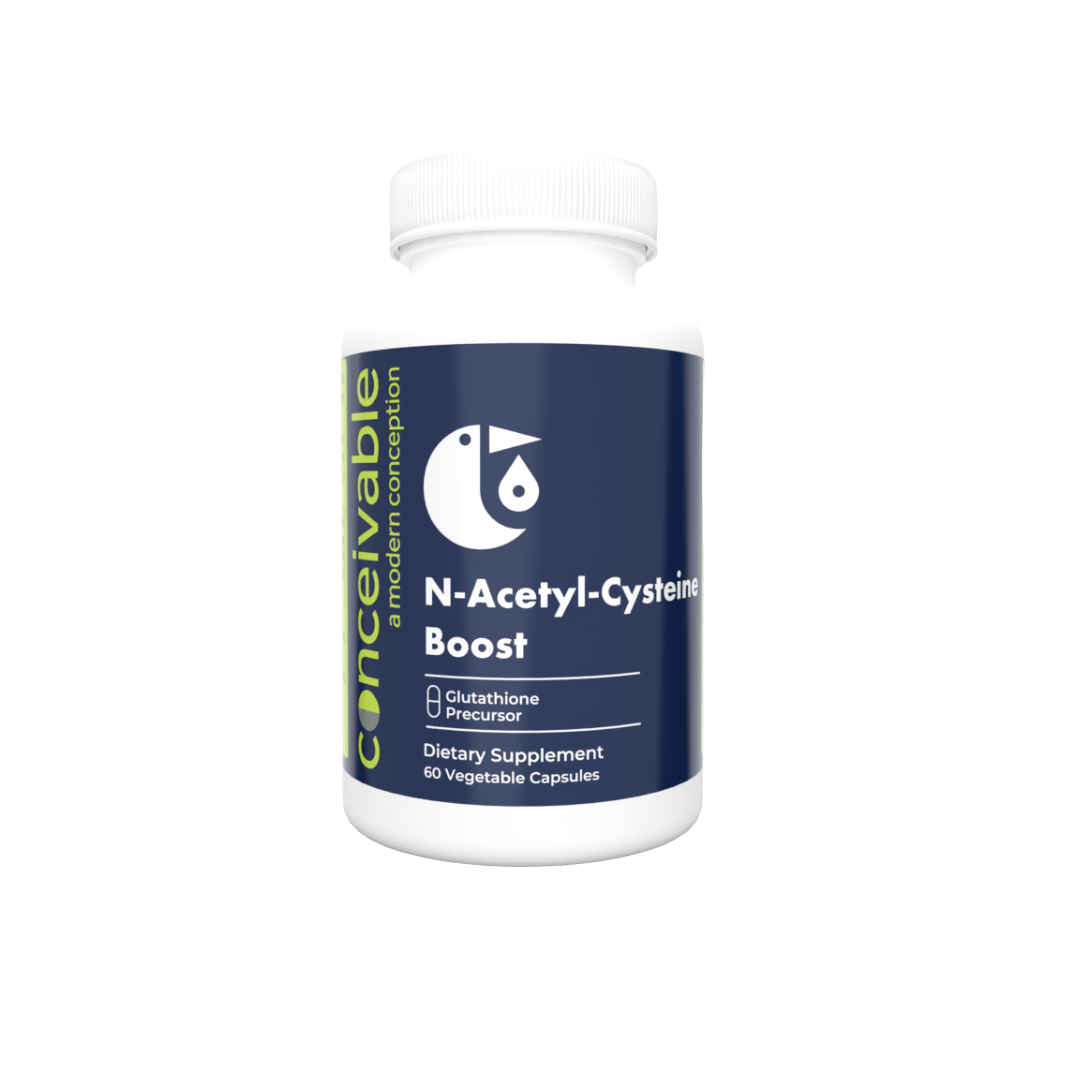 Conceivable N-Acetyl-Cysteine Boost dietary supplement bottle with a blue label.