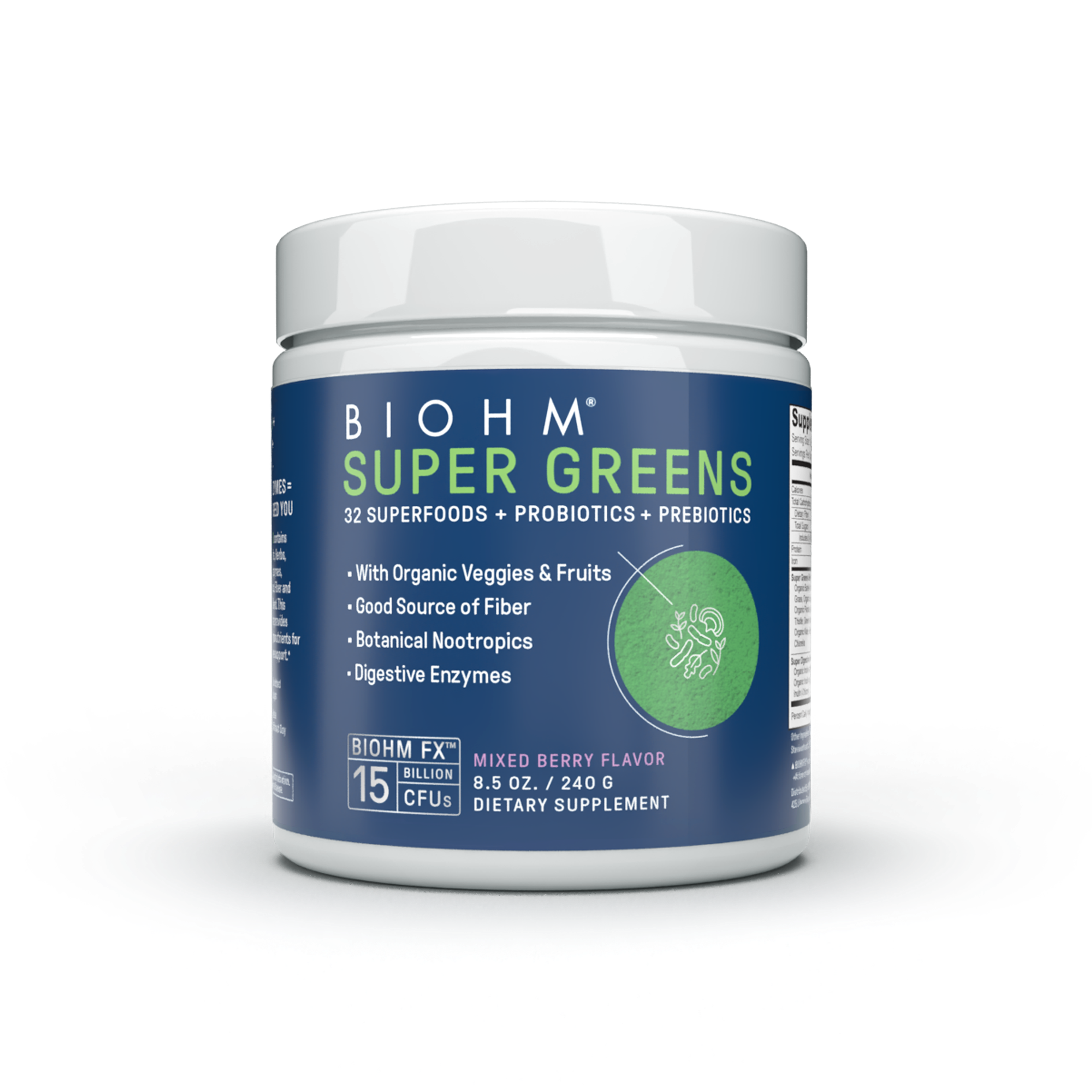 BIOHM Super Greens mixed berry flavor dietary supplement in a white and blue container.