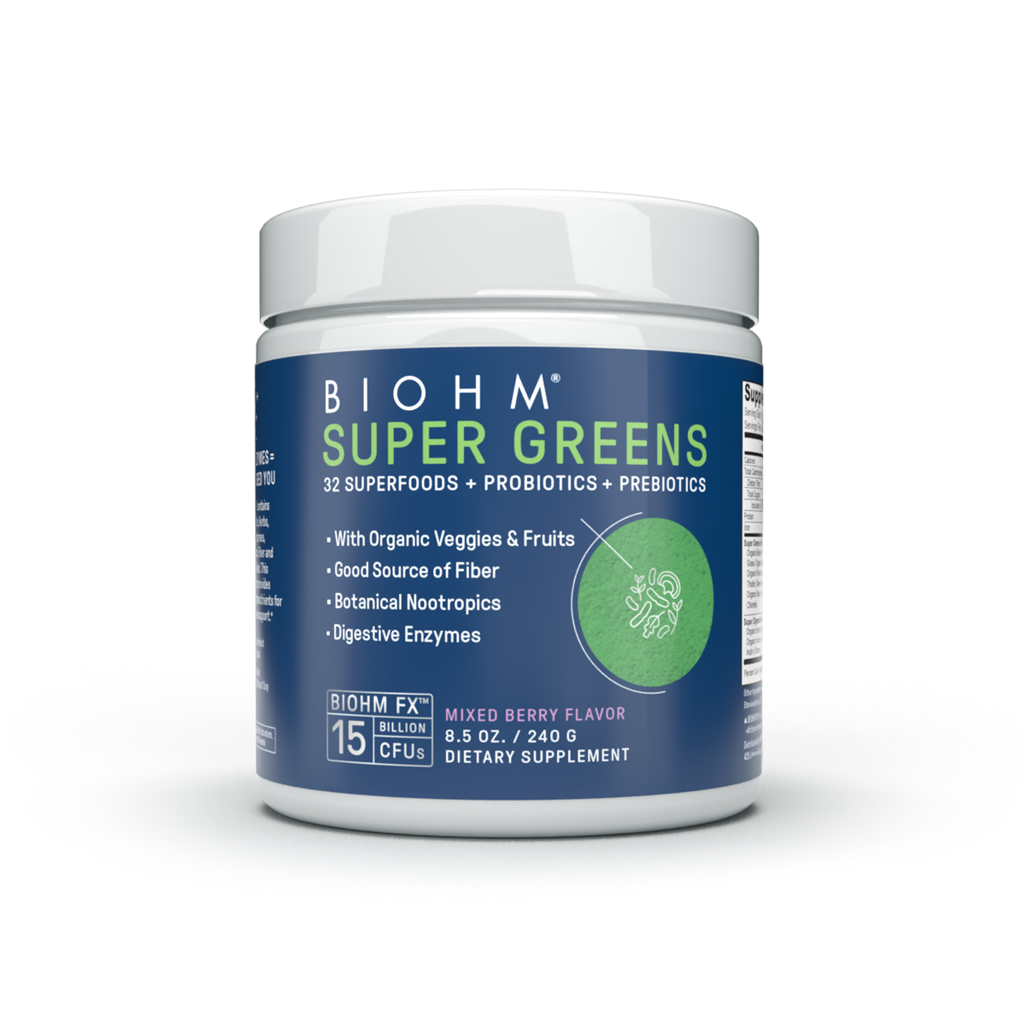 BIOHM Super Greens mixed berry flavor dietary supplement in a white and blue container.