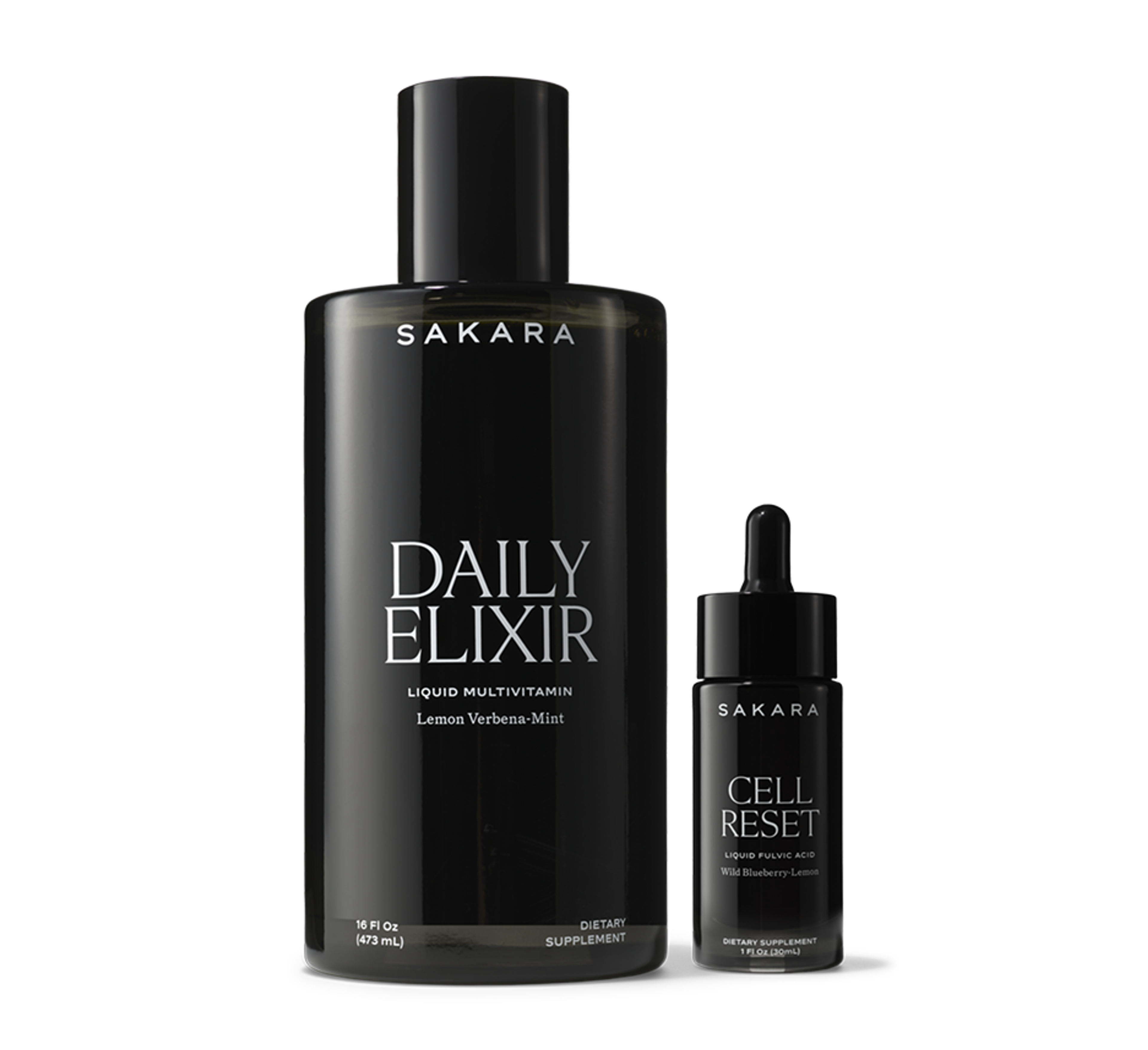 Sakara Daily Elixir Liquid Multivitamin and Cell Reset Liquid Fulvic Acid bottles.