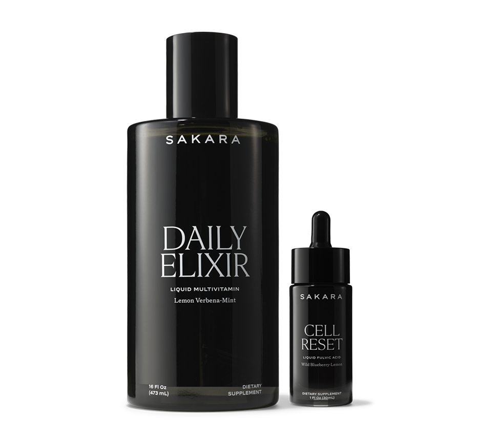 Sakara Daily Elixir Liquid Multivitamin and Cell Reset Liquid Fulvic Acid bottles.