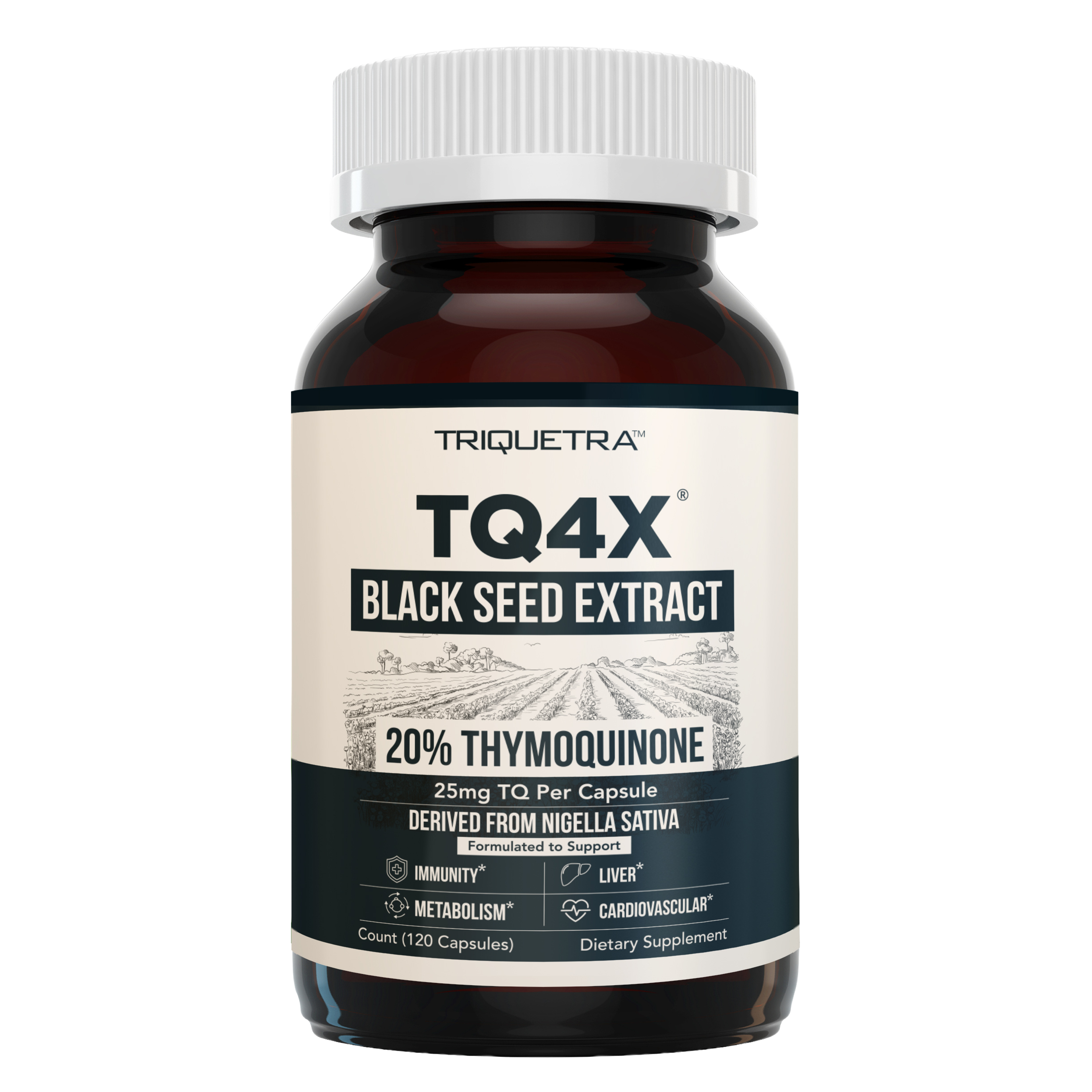 Triquetra TQ4X Black Seed Extract supplement bottle with 120 capsules, containing 20% Thymoquinone.