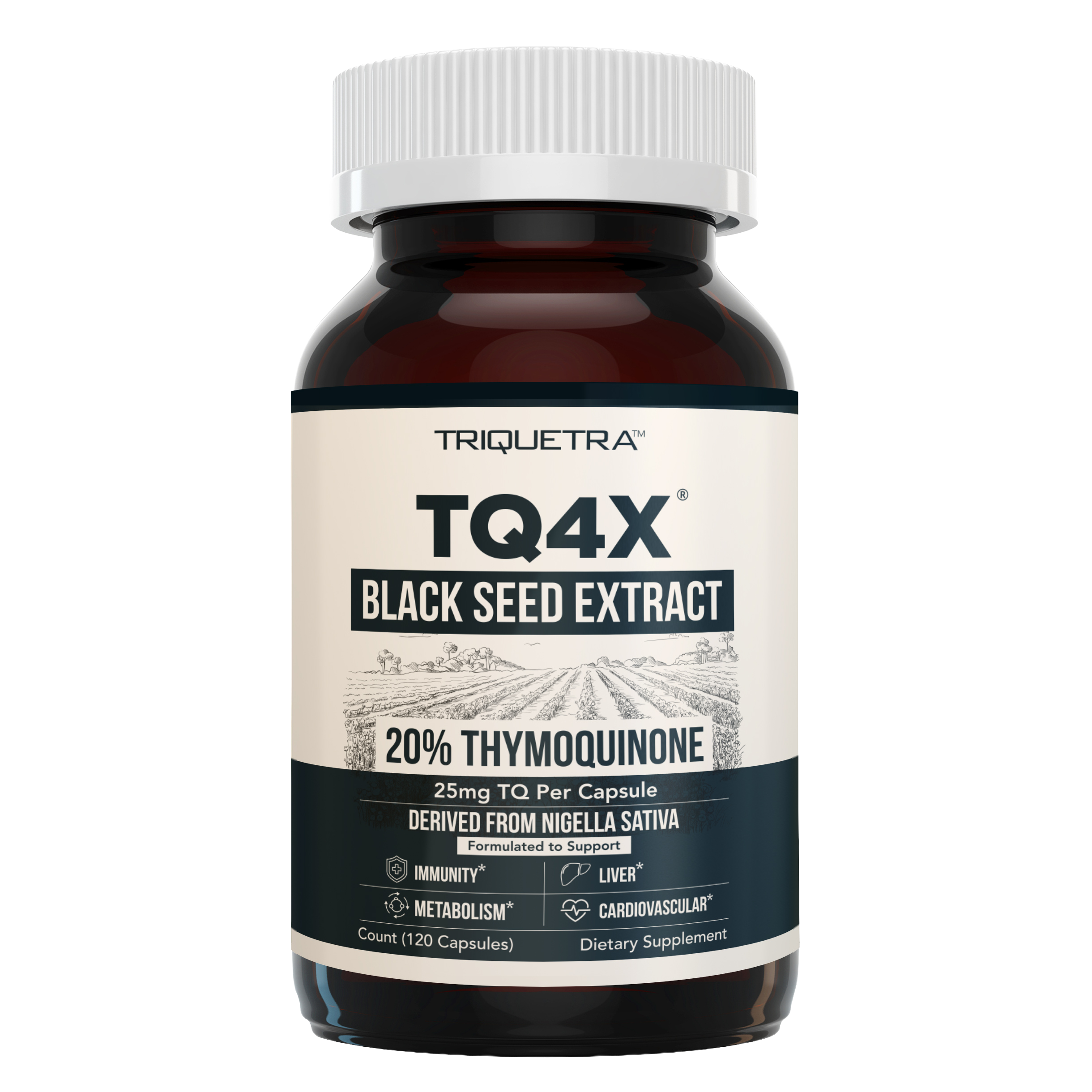 Triquetra TQ4X Black Seed Extract supplement bottle with 120 capsules, containing 20% Thymoquinone.