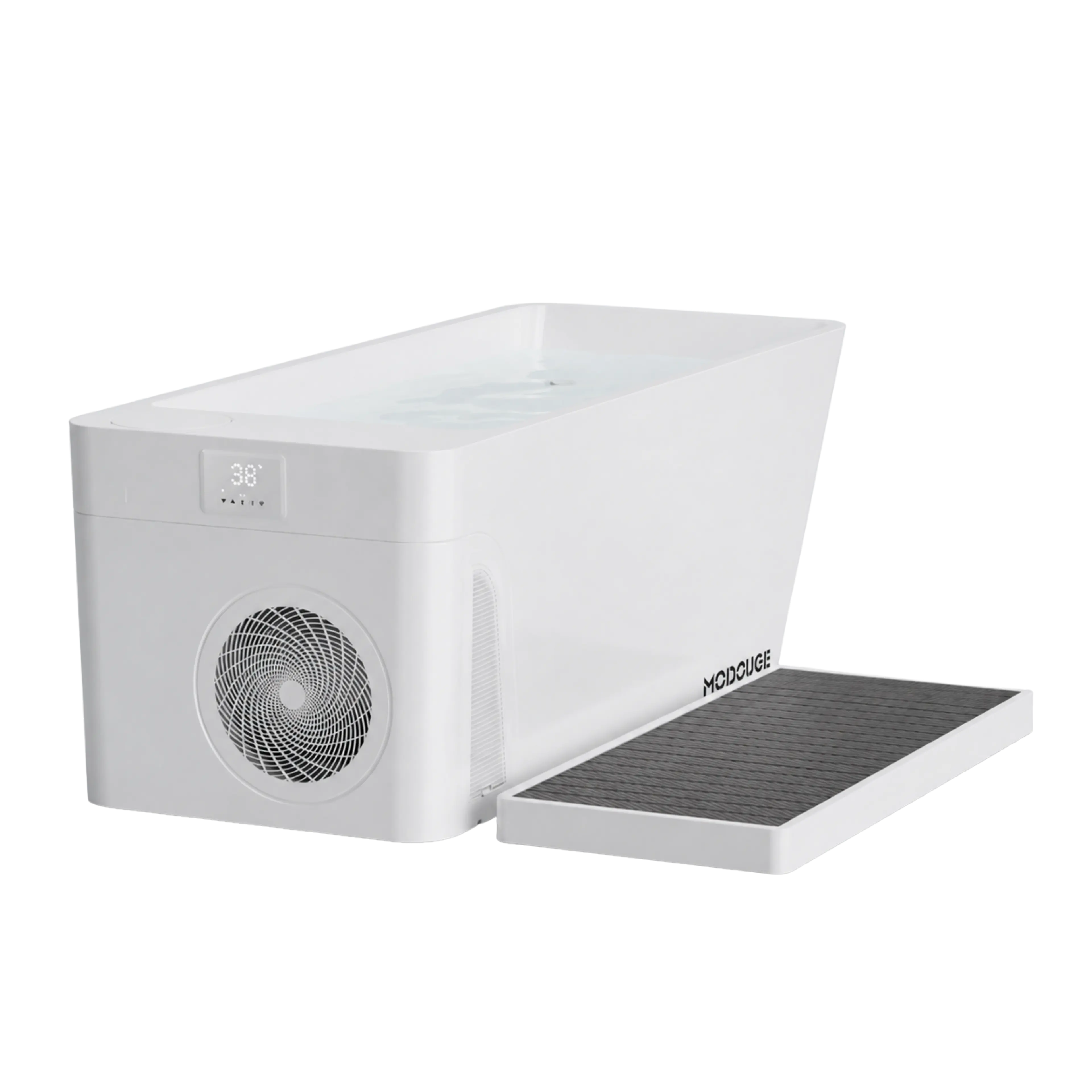 White MOOCUGE personal tub filled with water, displaying 38 degrees, with a fan vent and a black textured mat.