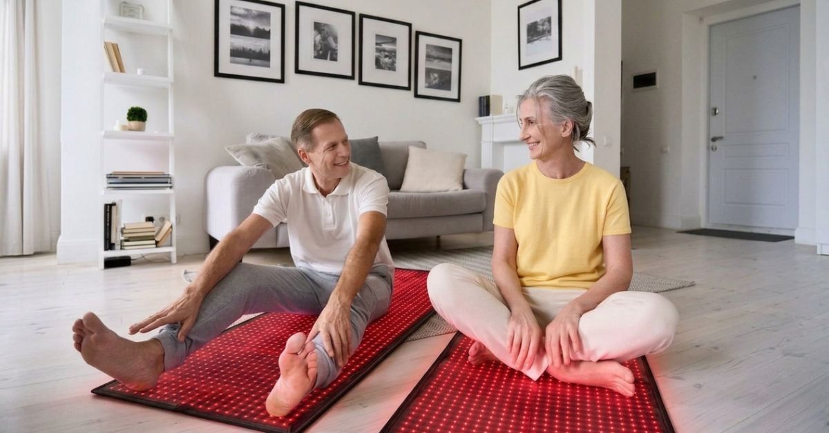 An older couple smiles while relaxing on red light therapy mats in their living room.
