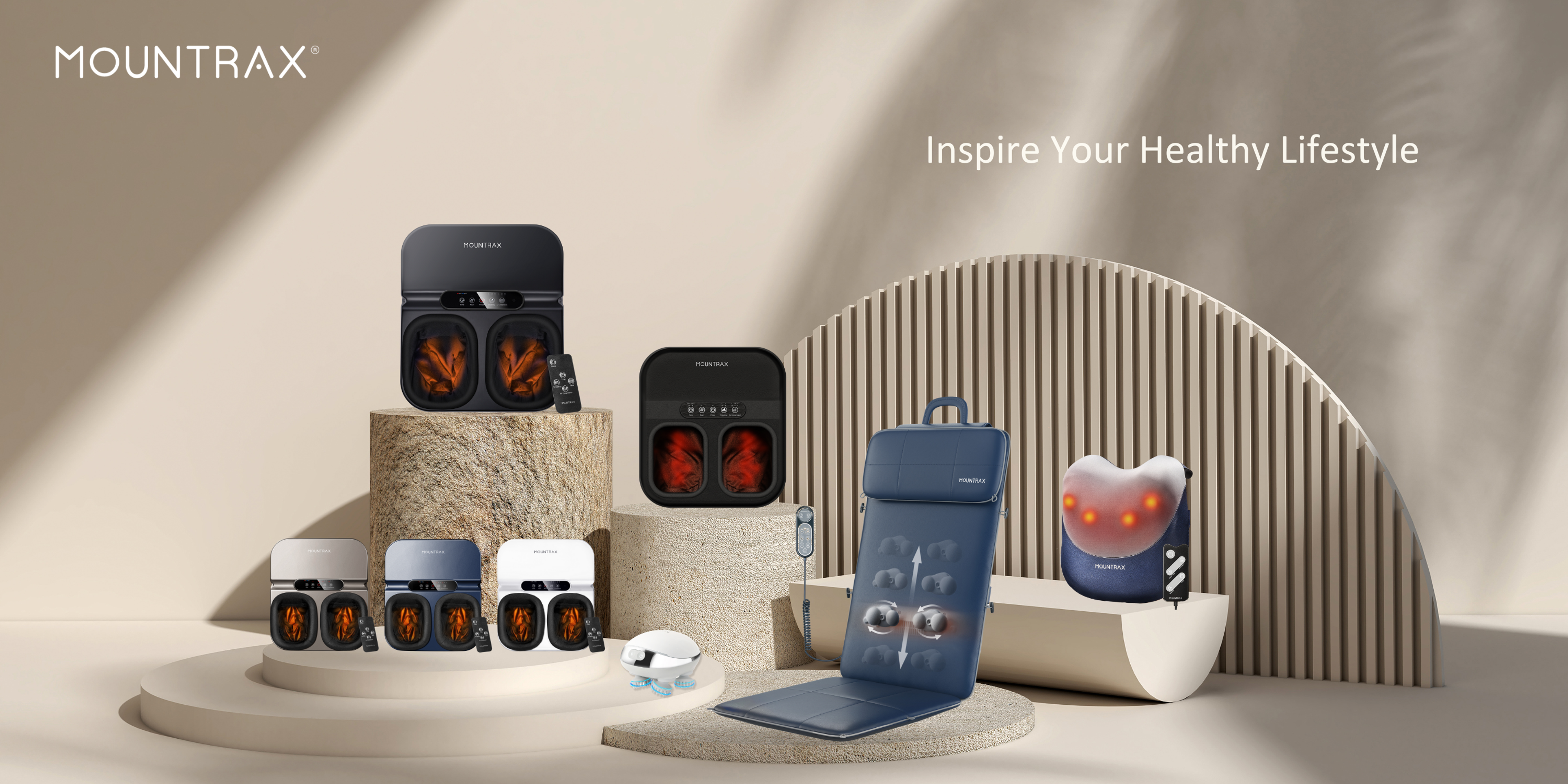 MOUNTRAX heated foot massagers, a massage mat, and a neck massager on display.
