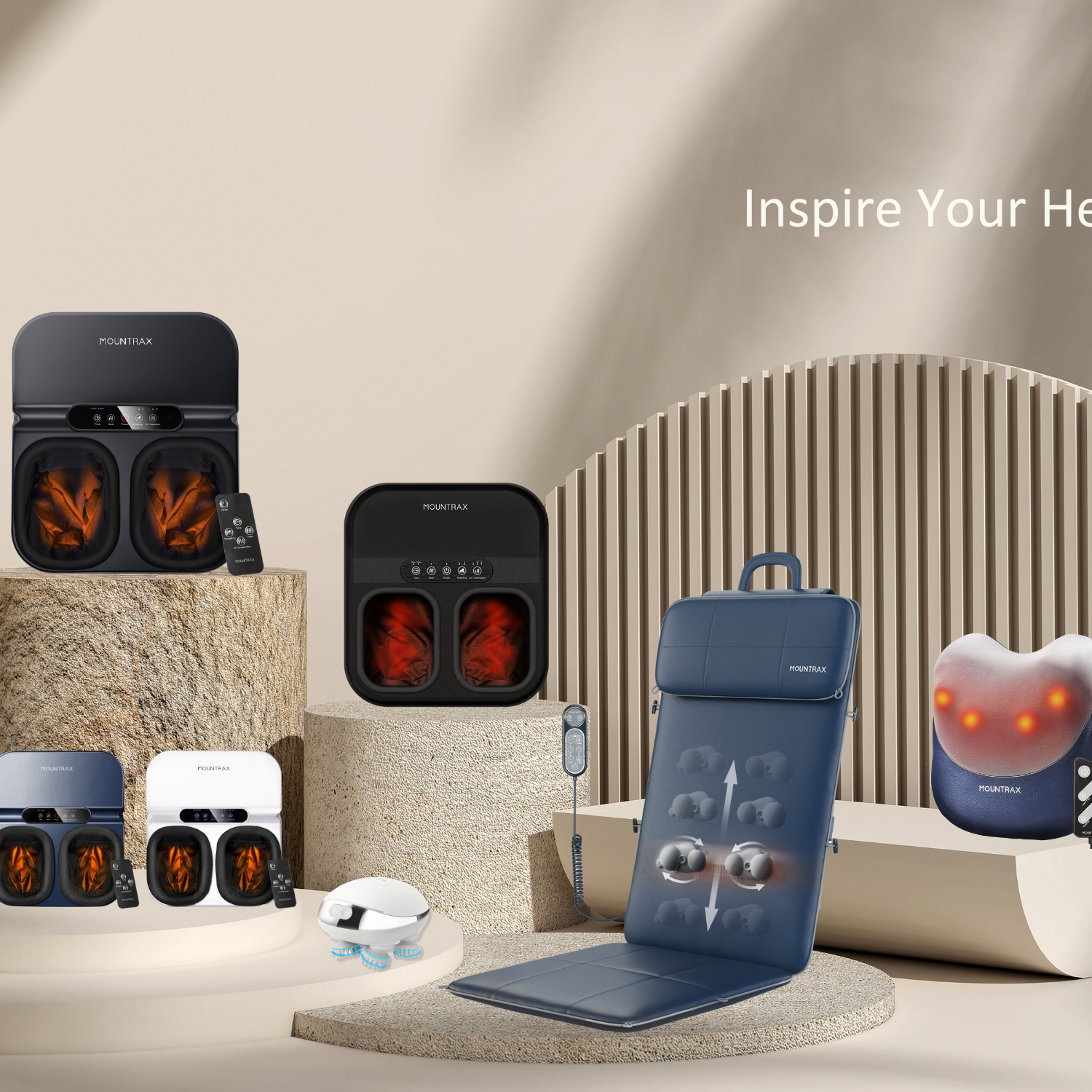 MOUNTRAX heated foot massagers, a massage mat, and a neck massager on display.