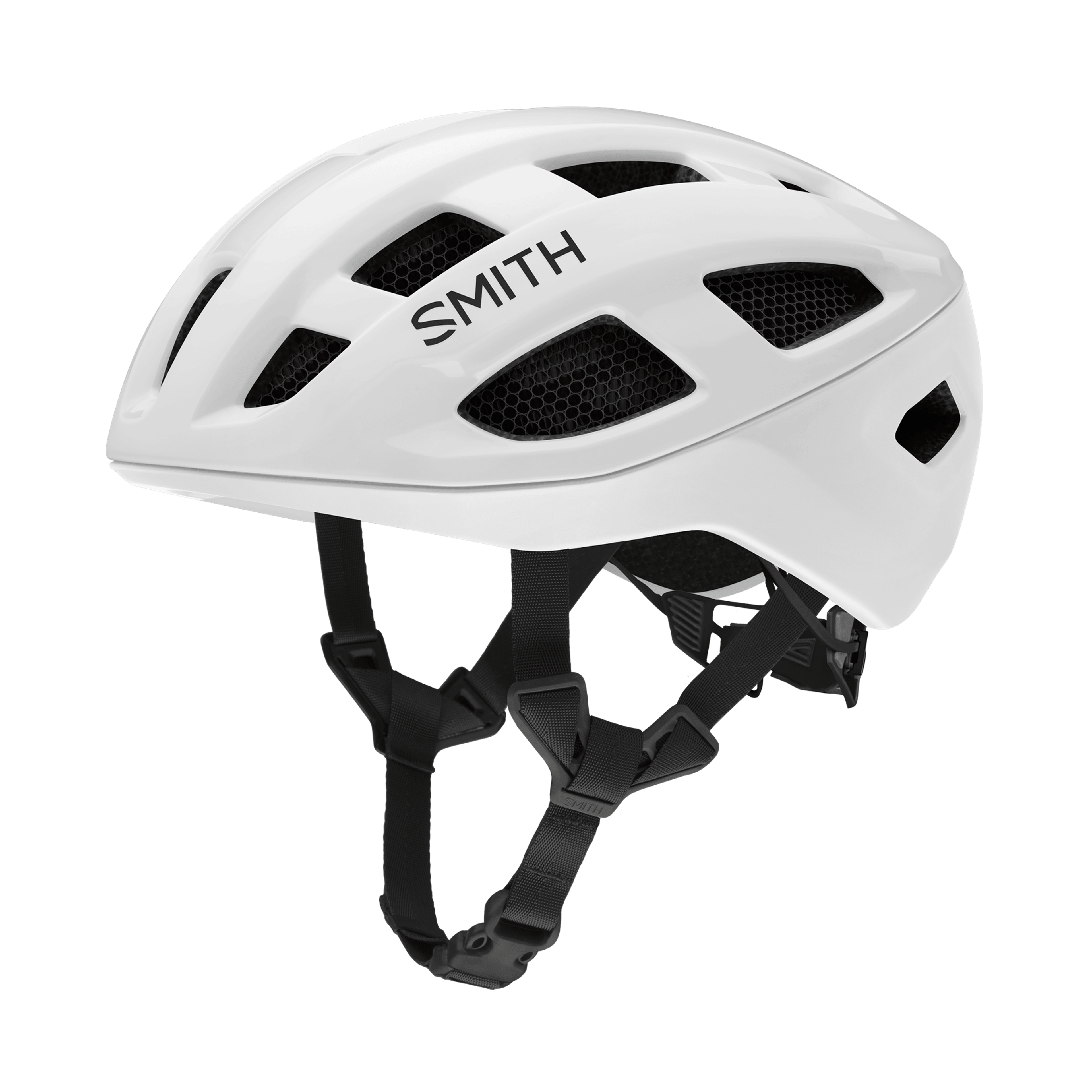 White Smith cycling helmet with vents and chin straps.