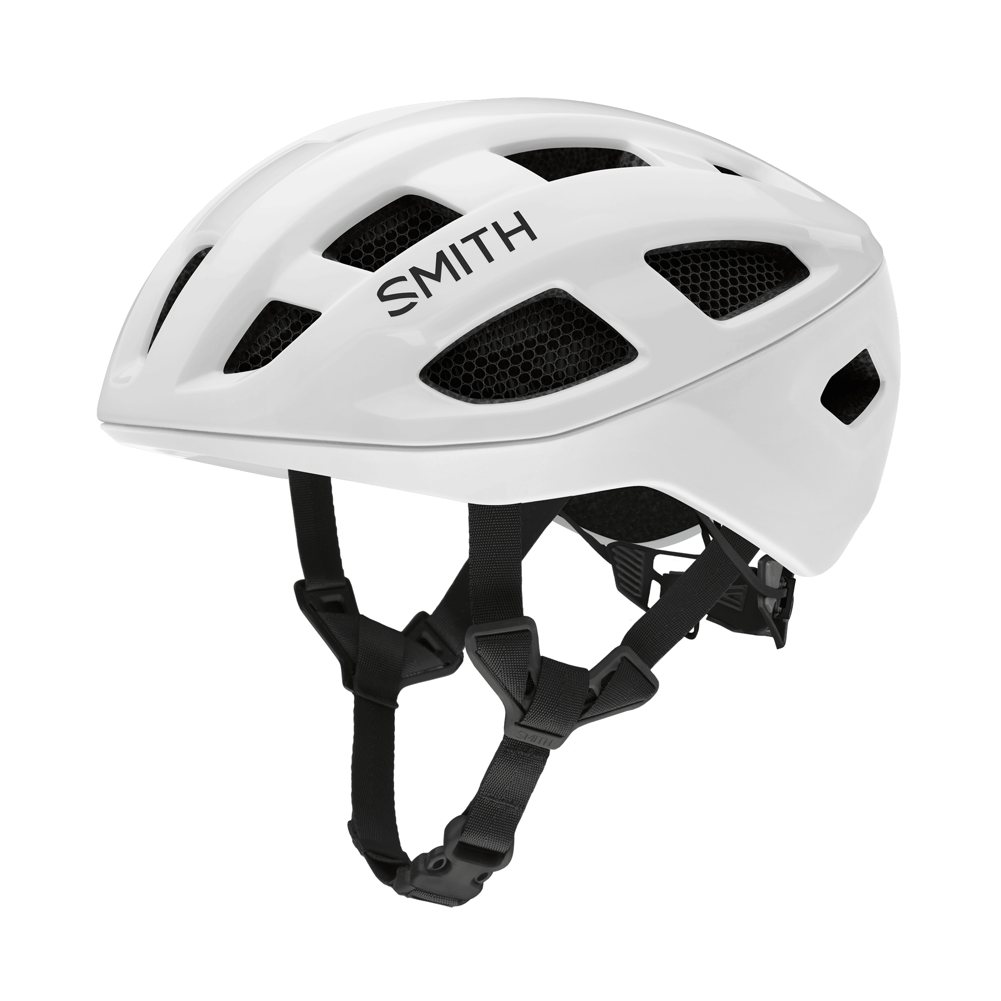 White Smith cycling helmet with vents and chin straps.