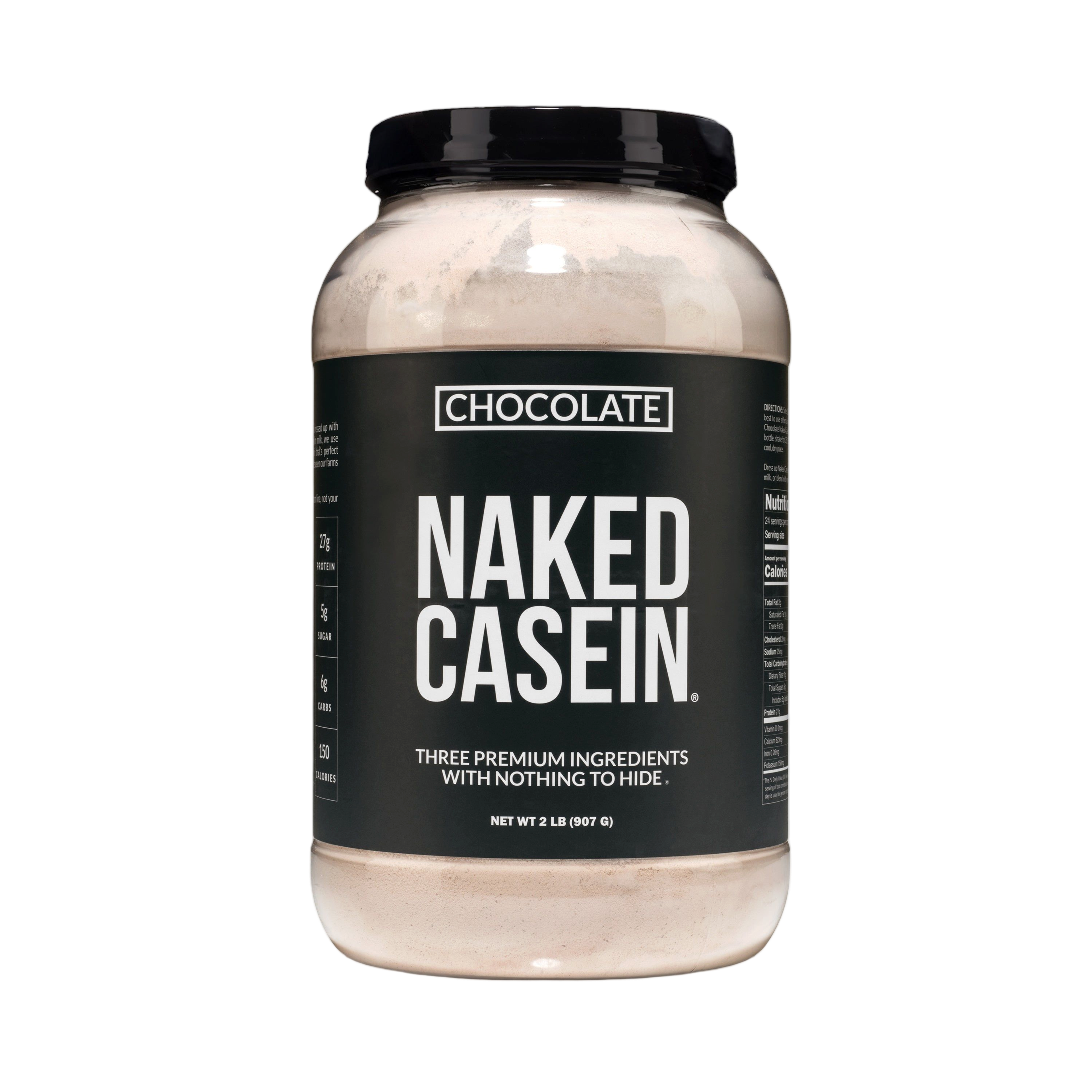 Tub of Naked Chocolate Casein protein powder, 2lb package