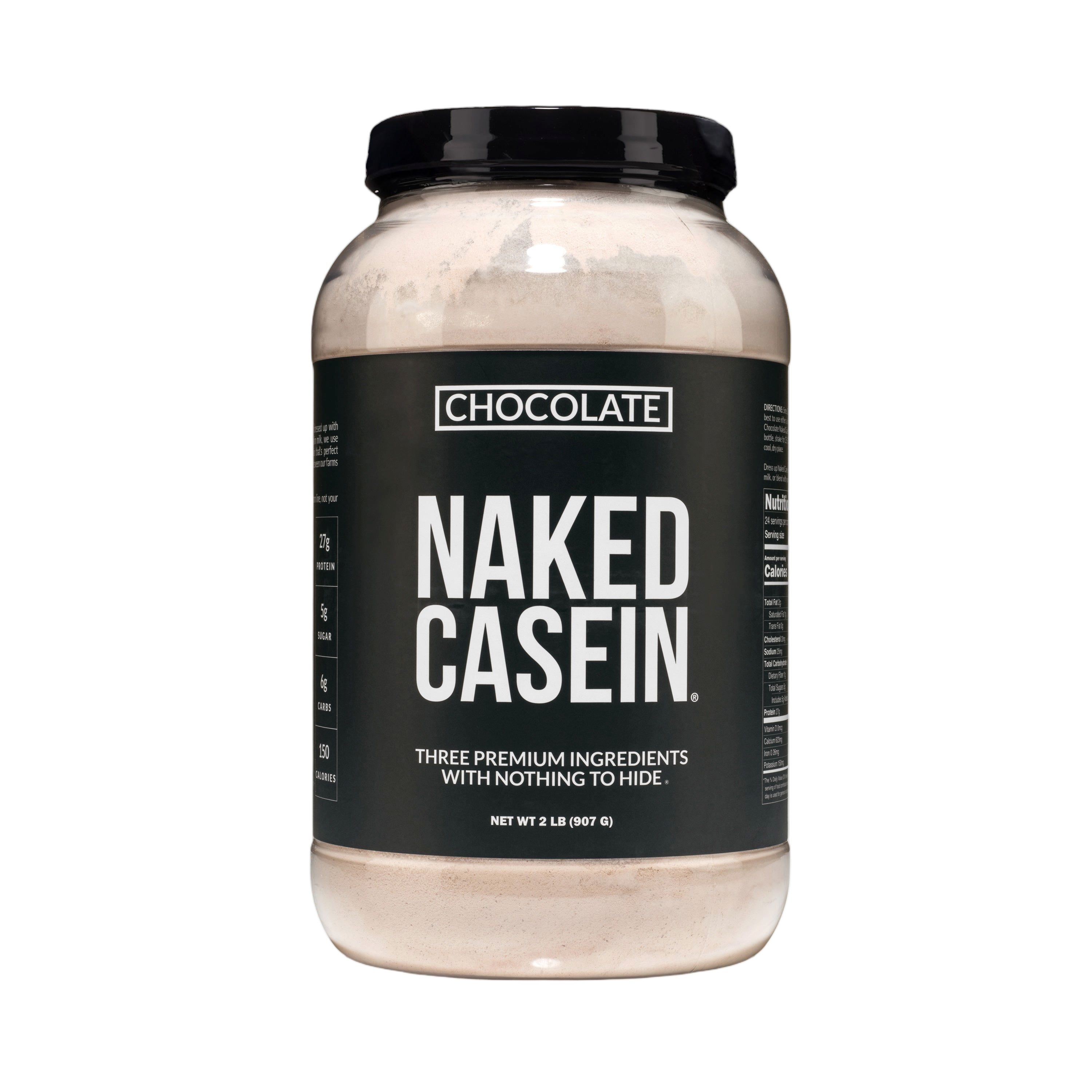 Tub of Naked Chocolate Casein protein powder, 2lb package