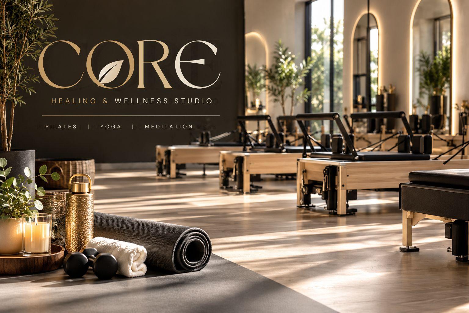 CORE Healing & Wellness Studio with Pilates reformers, a yoga mat, weights, and listed services for Pilates, Yoga, and Meditation.