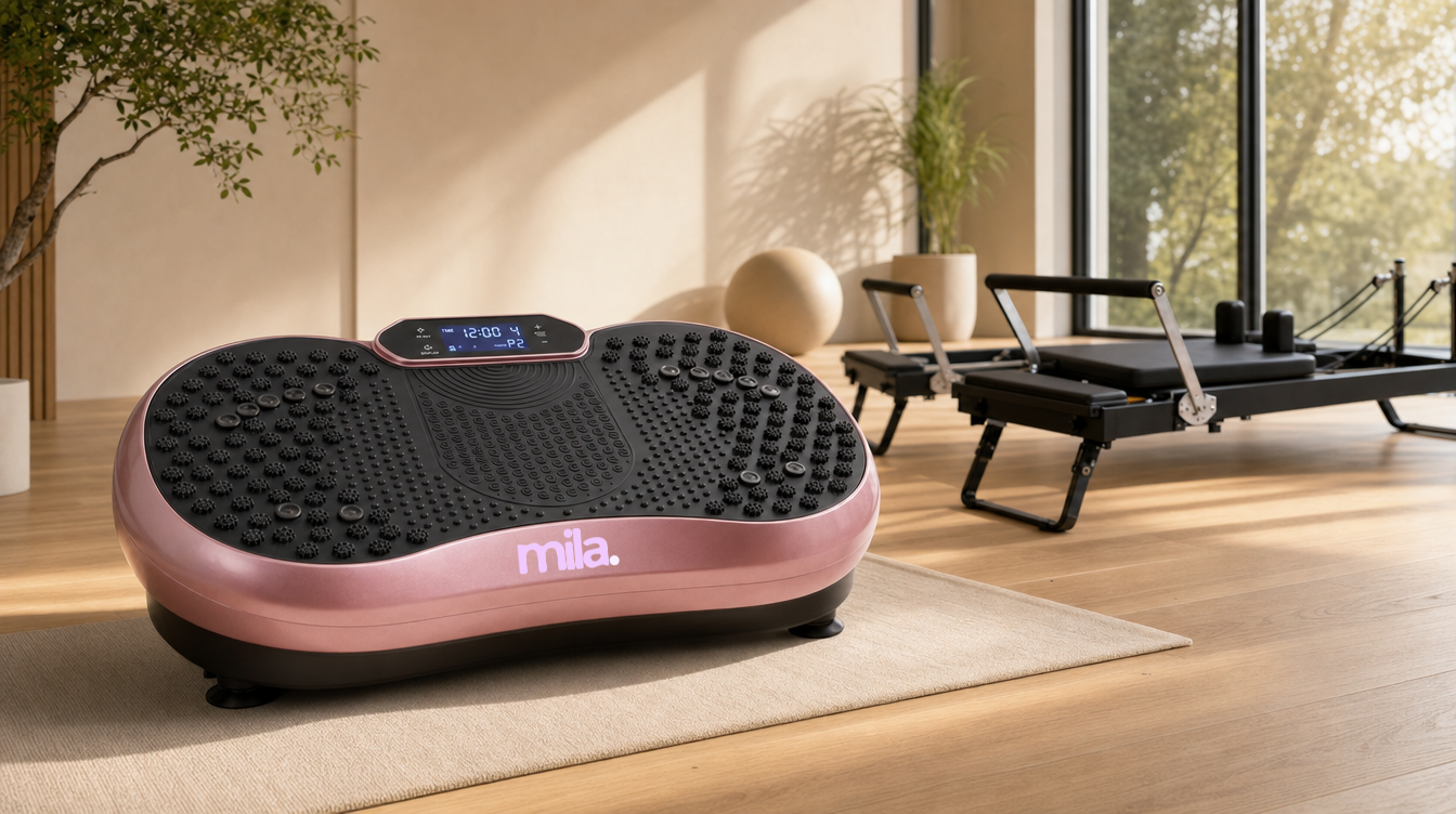Rose gold "mila." vibration plate in a modern studio with pilates reformers.