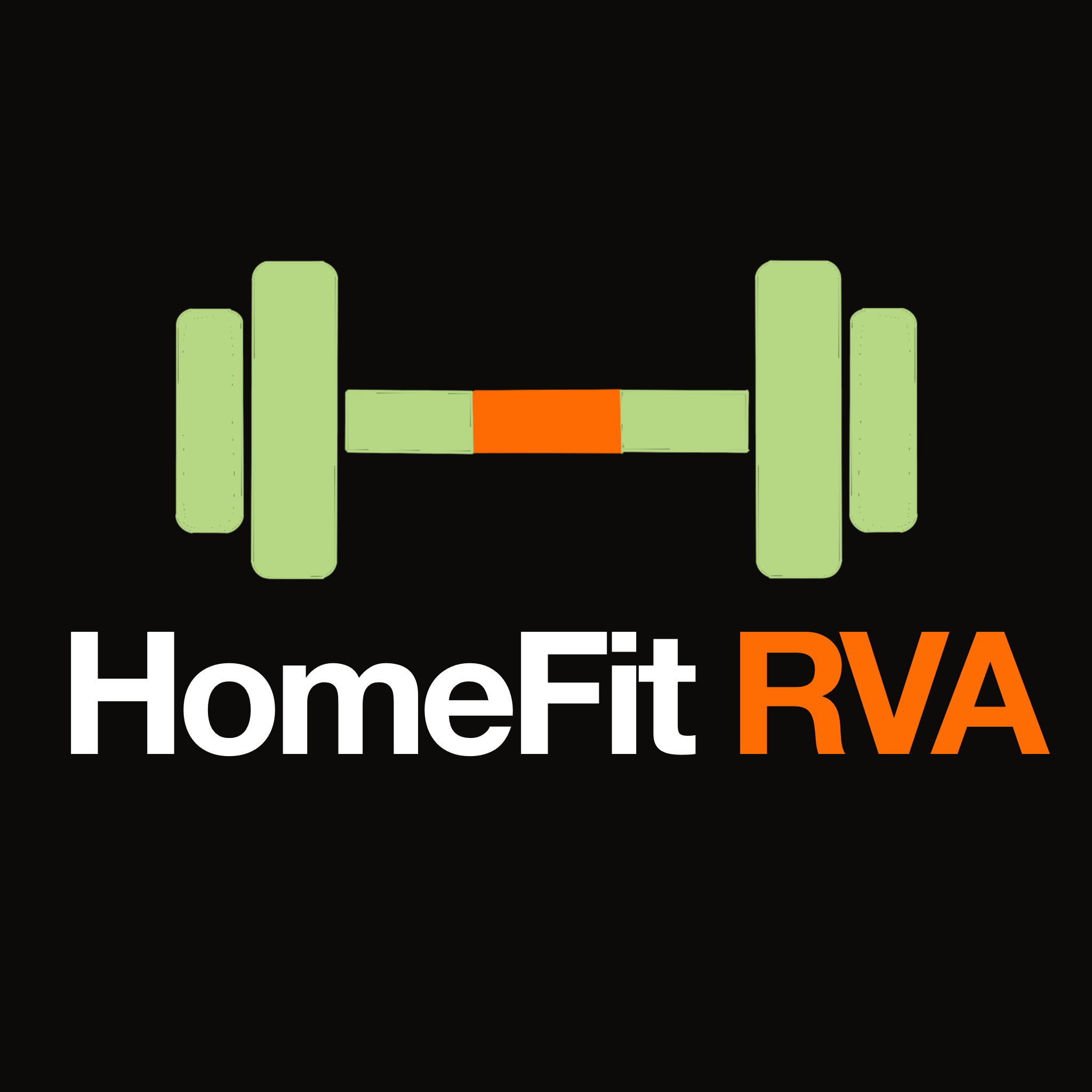 HomeFit RVA logo: a light green dumbbell with an orange center, above white 'HomeFit' and orange 'RVA' text, on a black background.