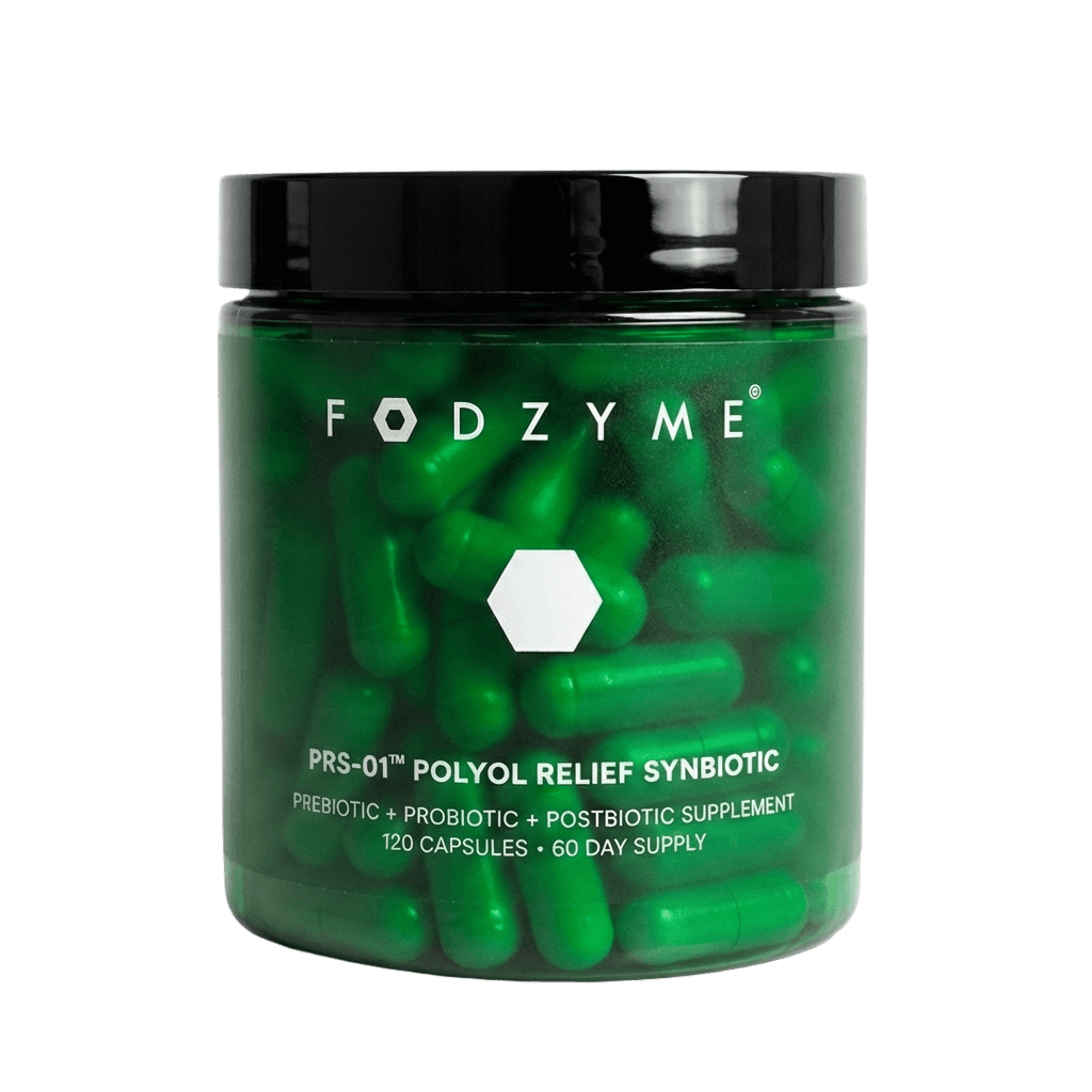 Bottle of PRS-01 Polyol Relief Synbiotic by FODZYME