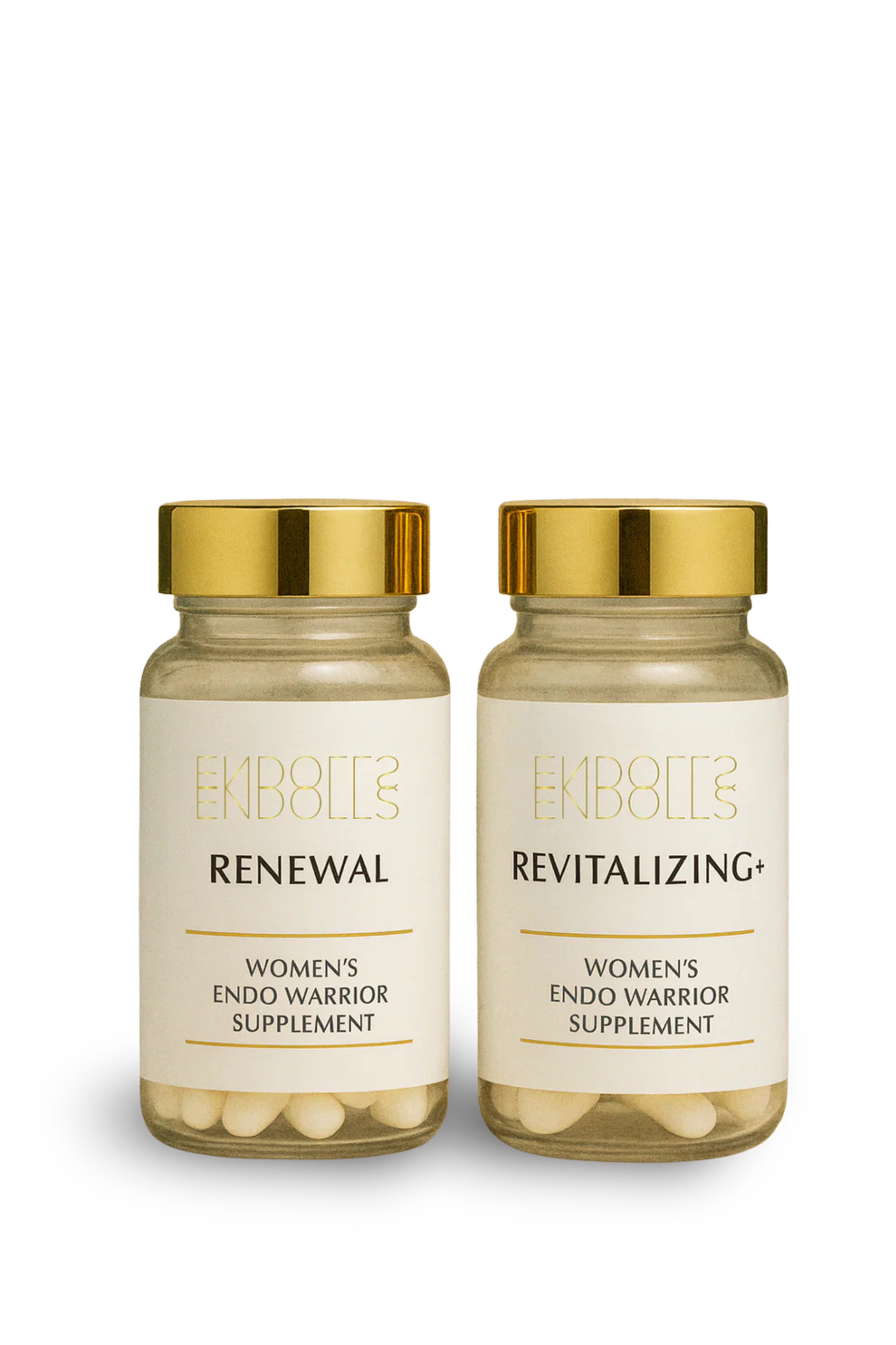 Two Embolis 'Renewal' and 'Revitalizing+' Women's Endo Warrior Supplement bottles with gold caps.