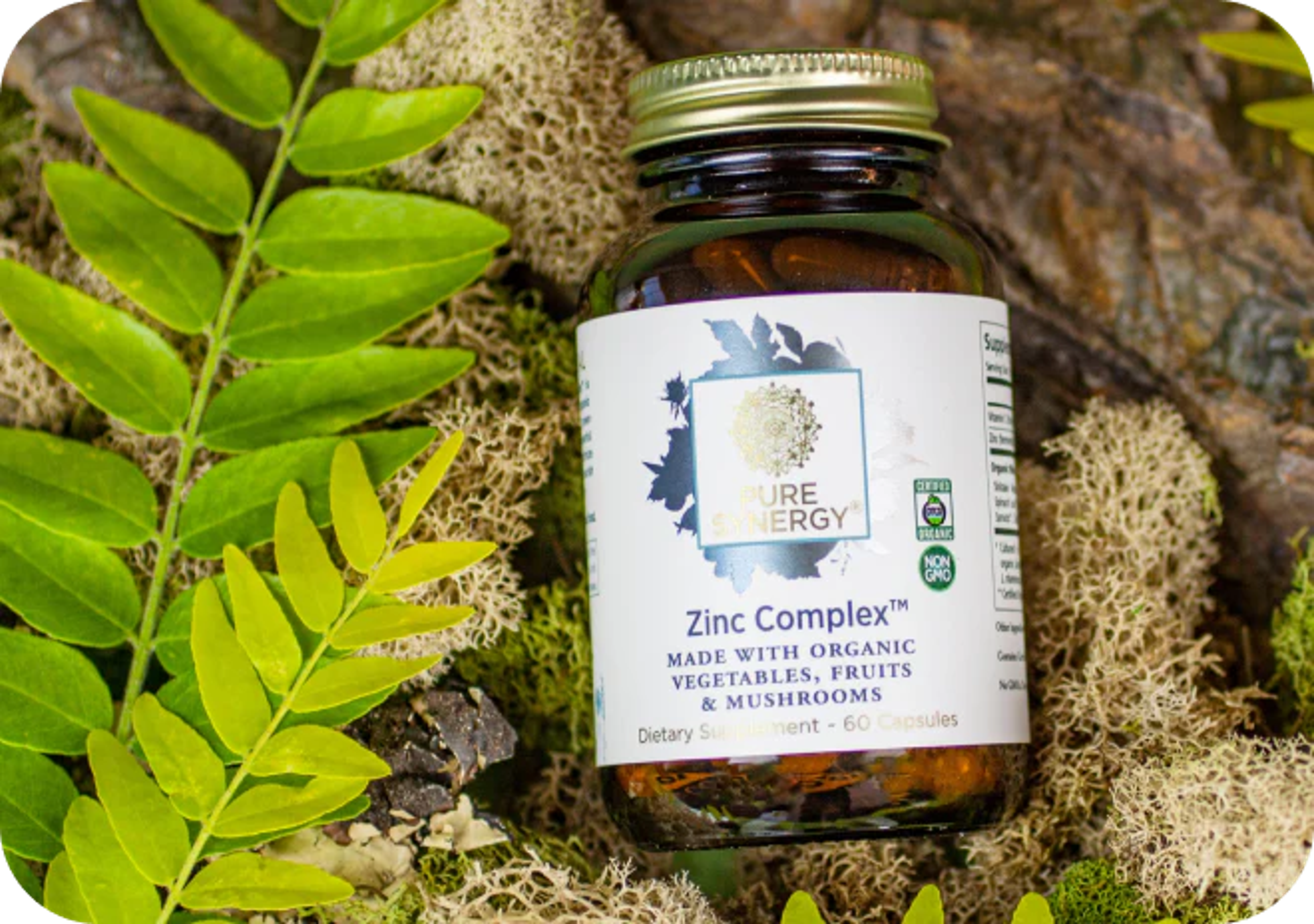 A bottle of Pure Synergy Zinc Complex organic capsules rests on green leaves and moss.