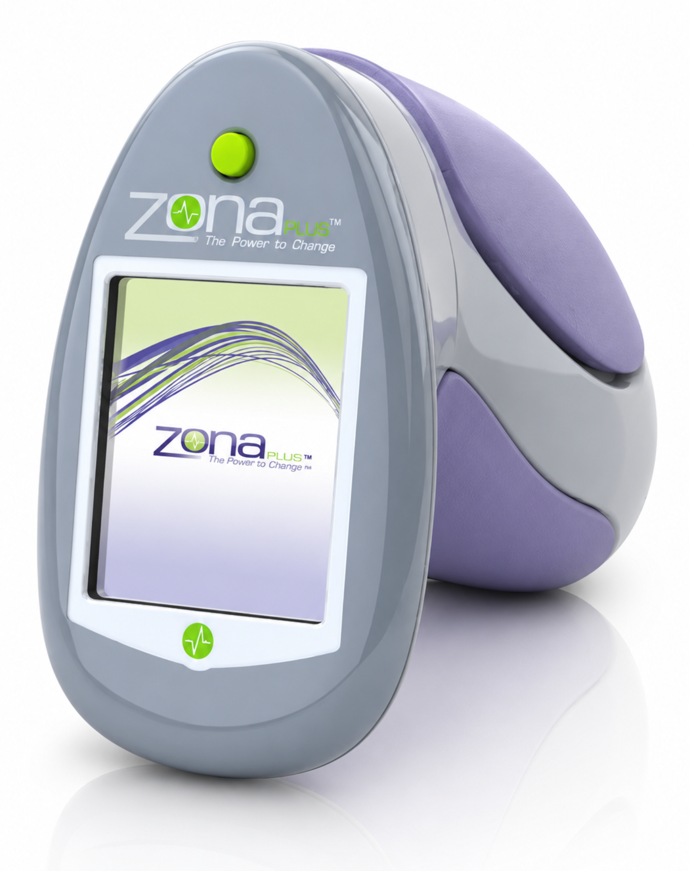 Grey and purple Zona Plus device with its logo on the screen, a green button, and a green heartbeat symbol.