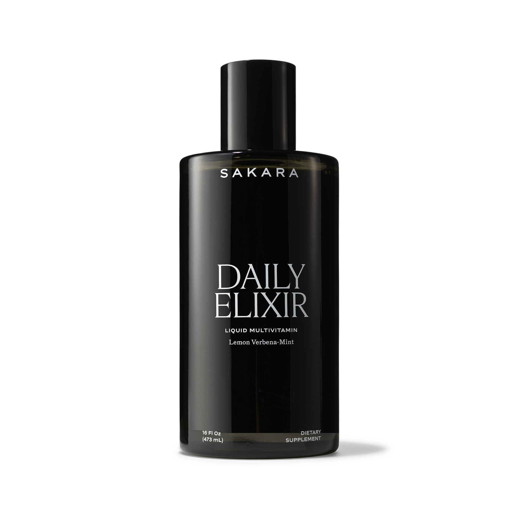 Dark bottle of Sakara Daily Elixir Liquid Multivitamin, Lemon Verbena-Mint.
