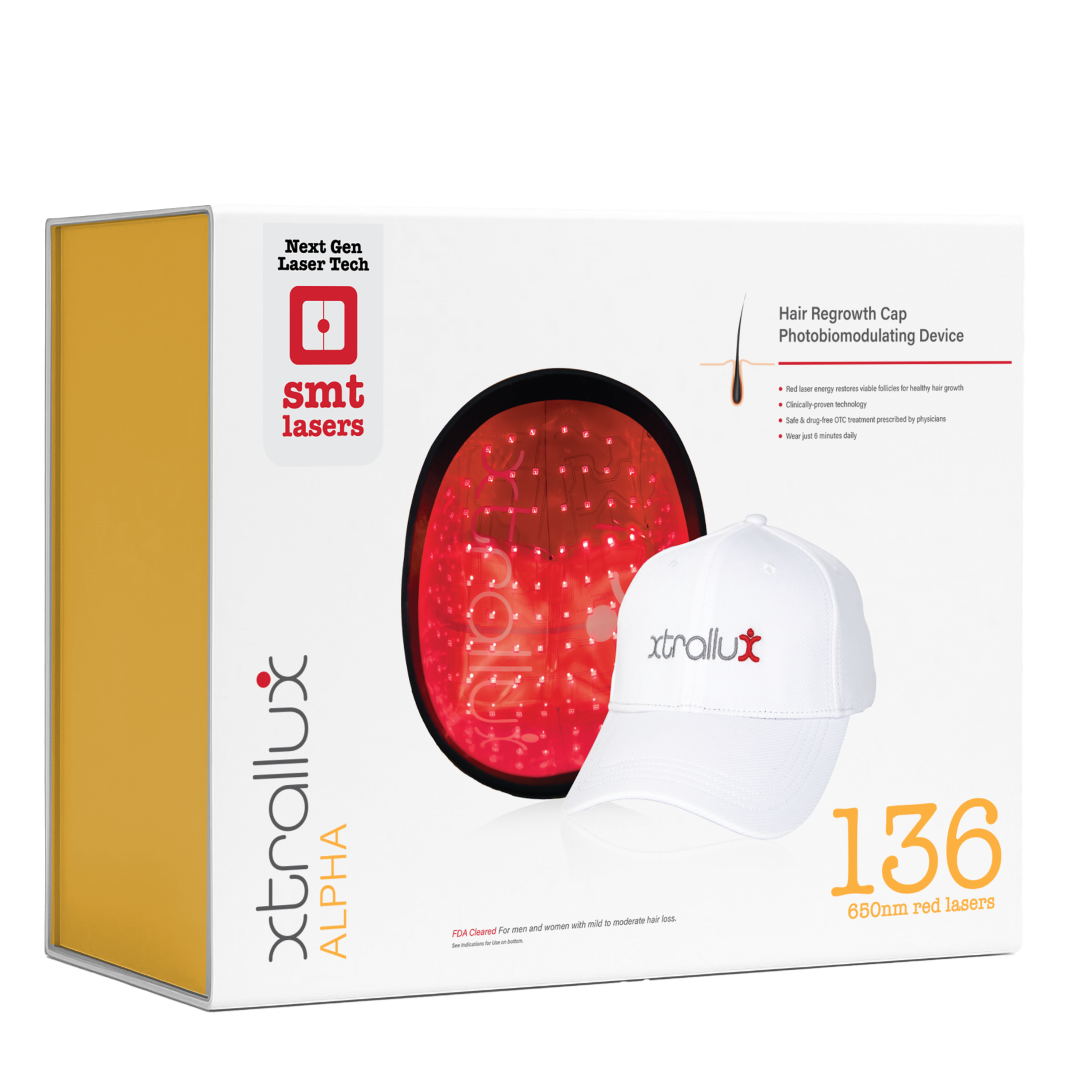 Box for xtrallux ALPHA Hair Regrowth Cap, showing a red light therapy device and a white baseball cap, featuring 136 red lasers.